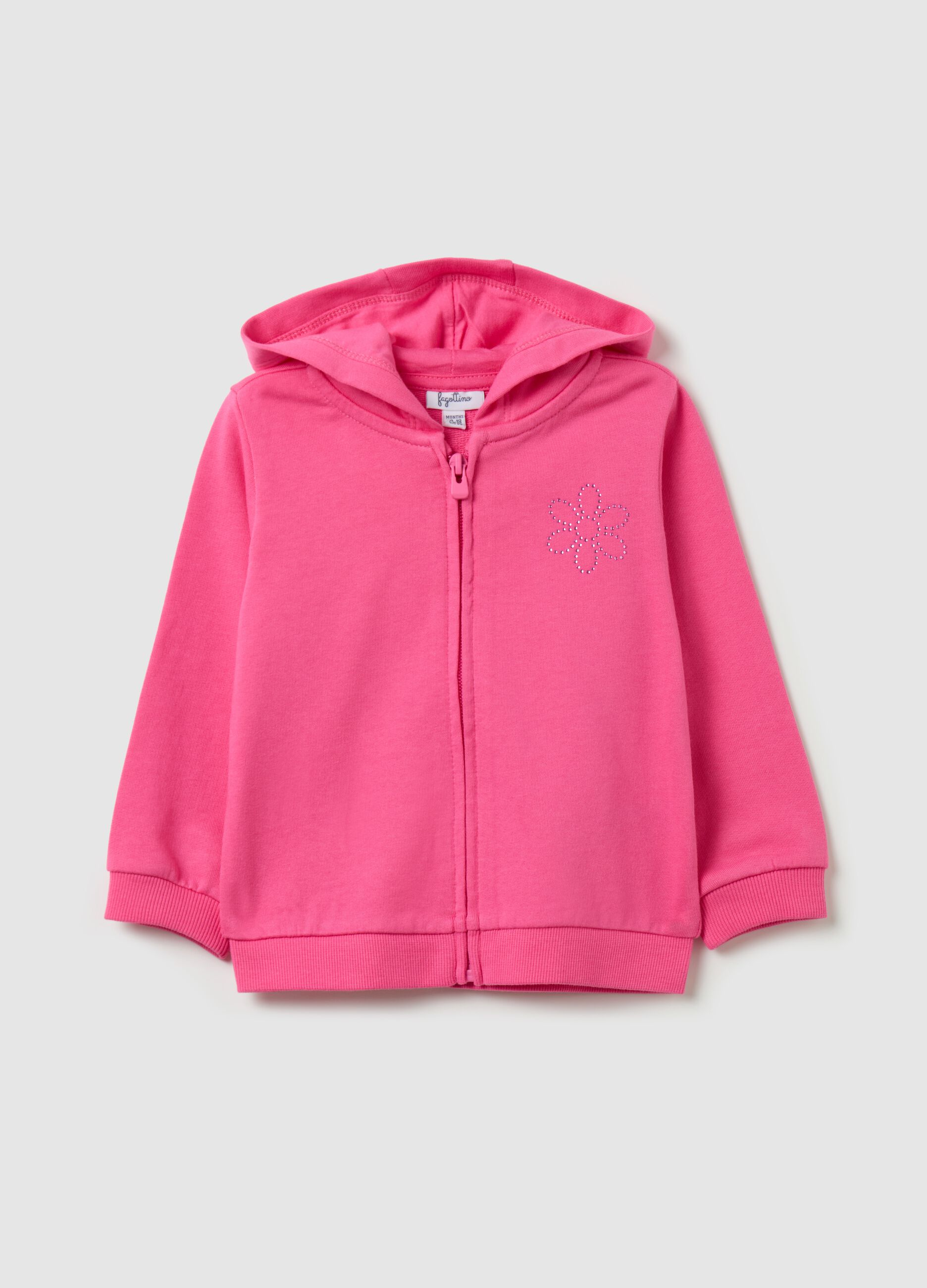 Full-zip sweatshirt in French terry with hood and diamantés