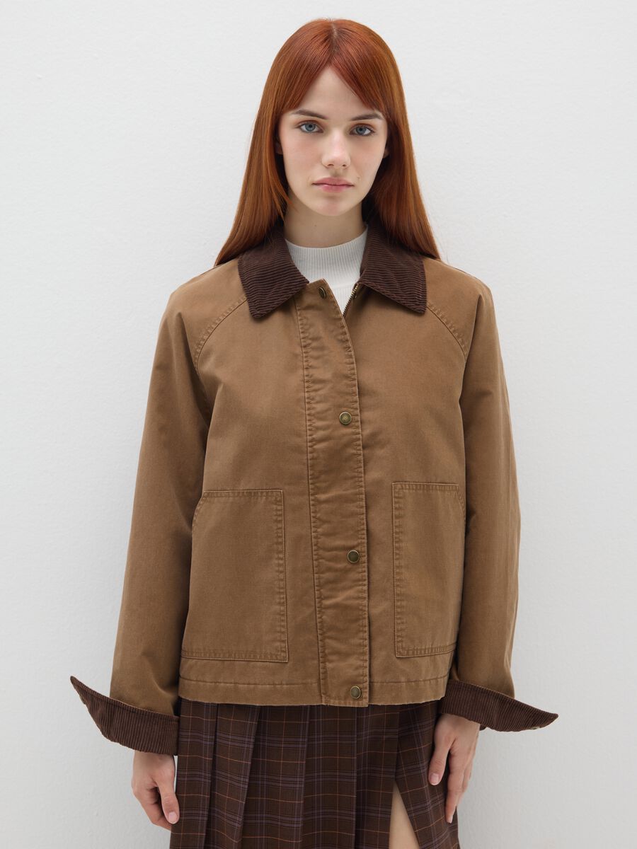 Brown cotton blend jacket with buttons and zip_0
