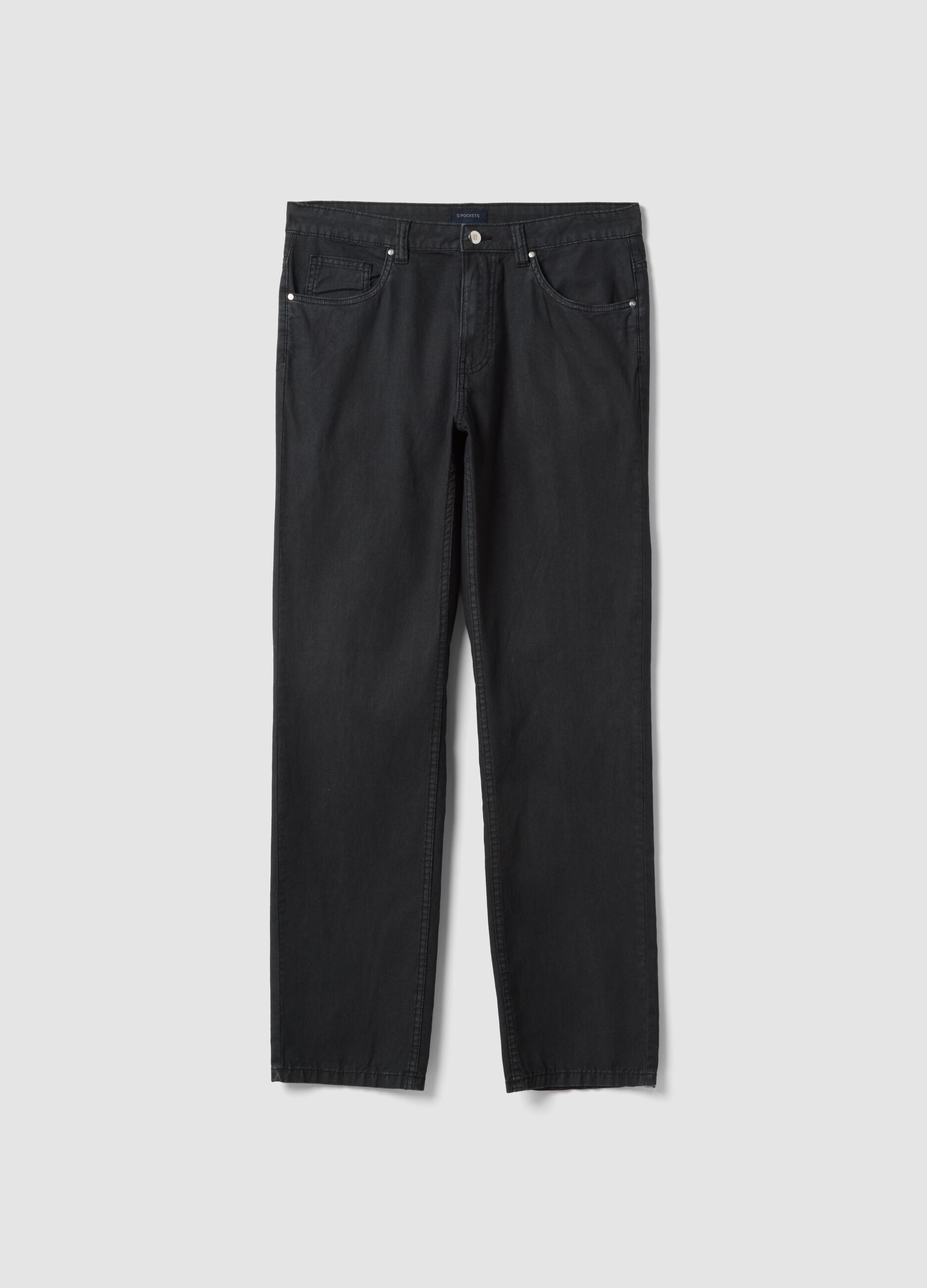 Black casual linen-cotton blend regular-fit trousers