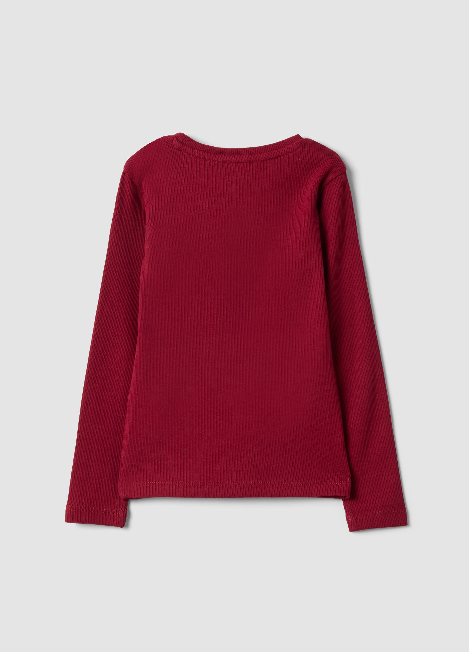 Red ribbed stretch cotton T-shirt with teddy bear embroidery