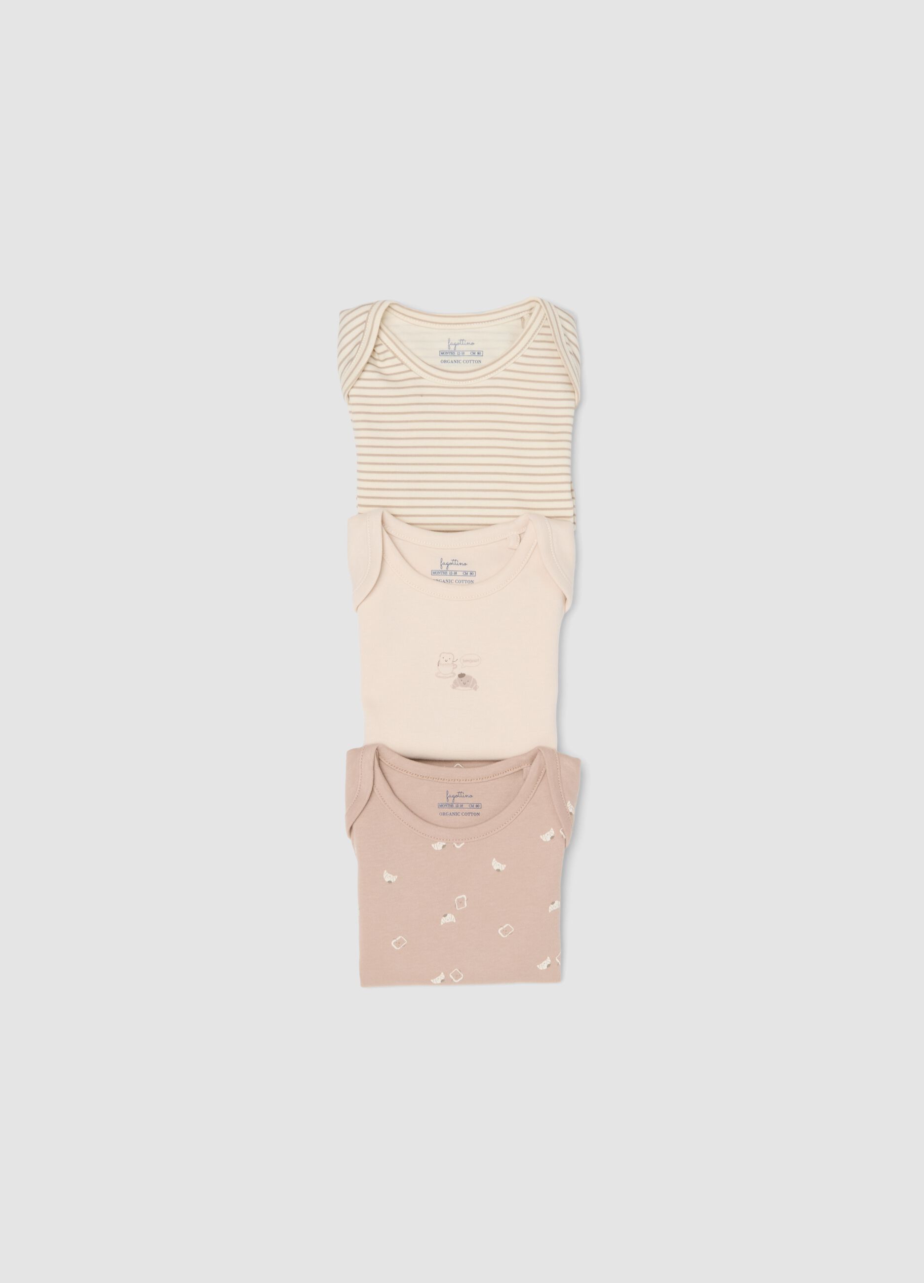 Tripack di body rosa e beige in cotone organico a maniche corte per neonati e bimbi