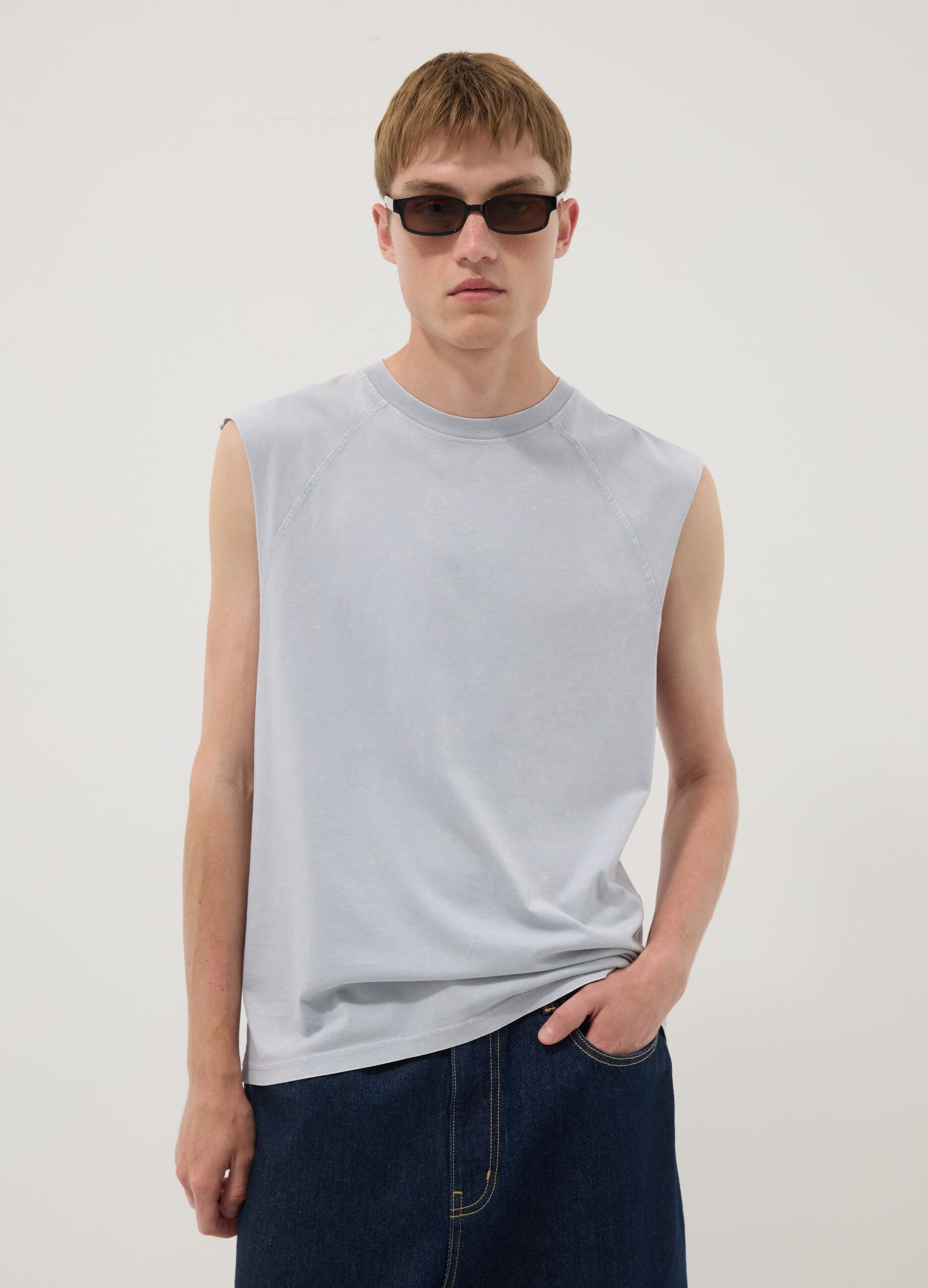 Light blue pure cotton regular-fit tank top