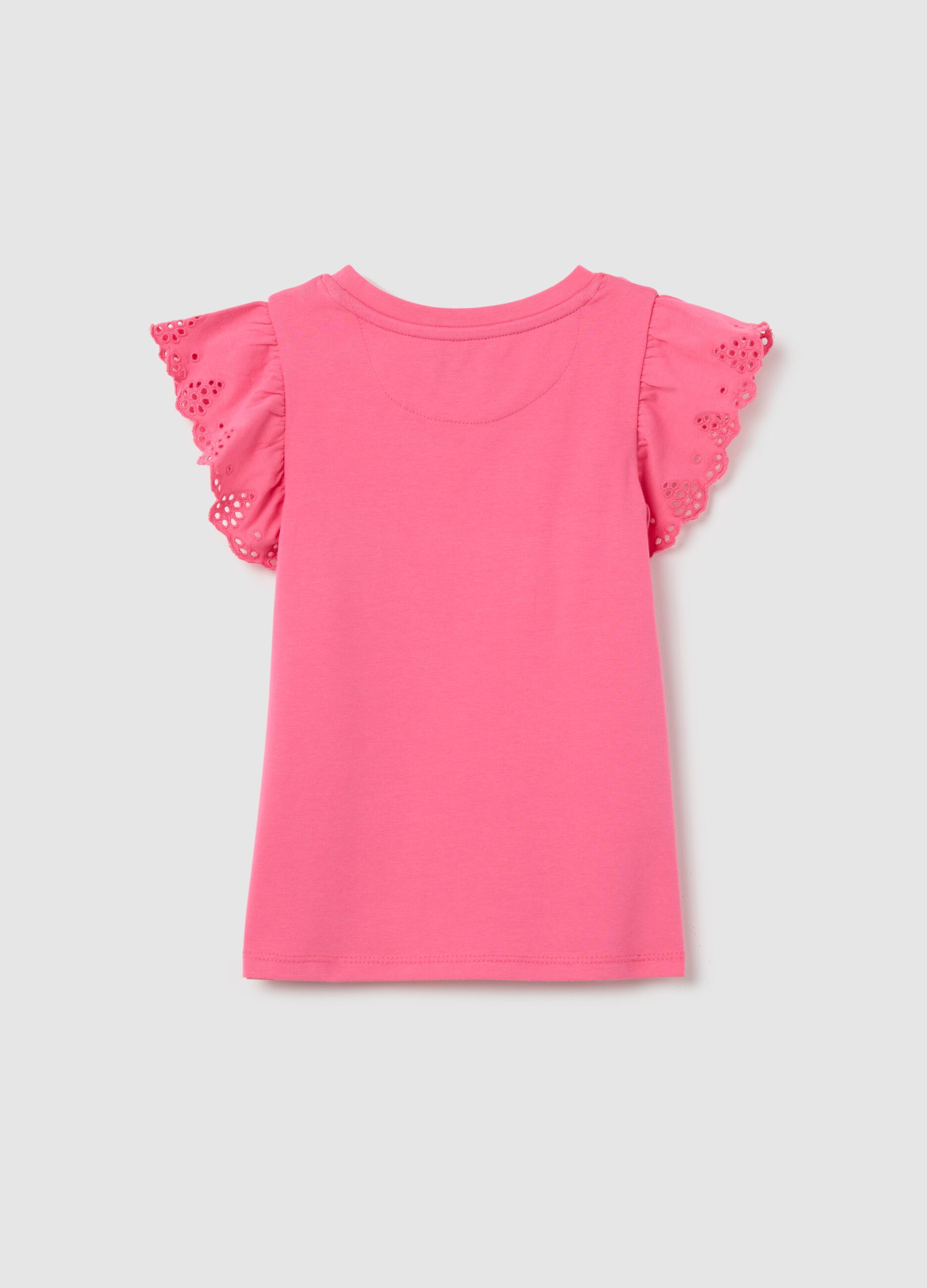 Pink stretch cotton T-shirt with broderie anglaise sleeves