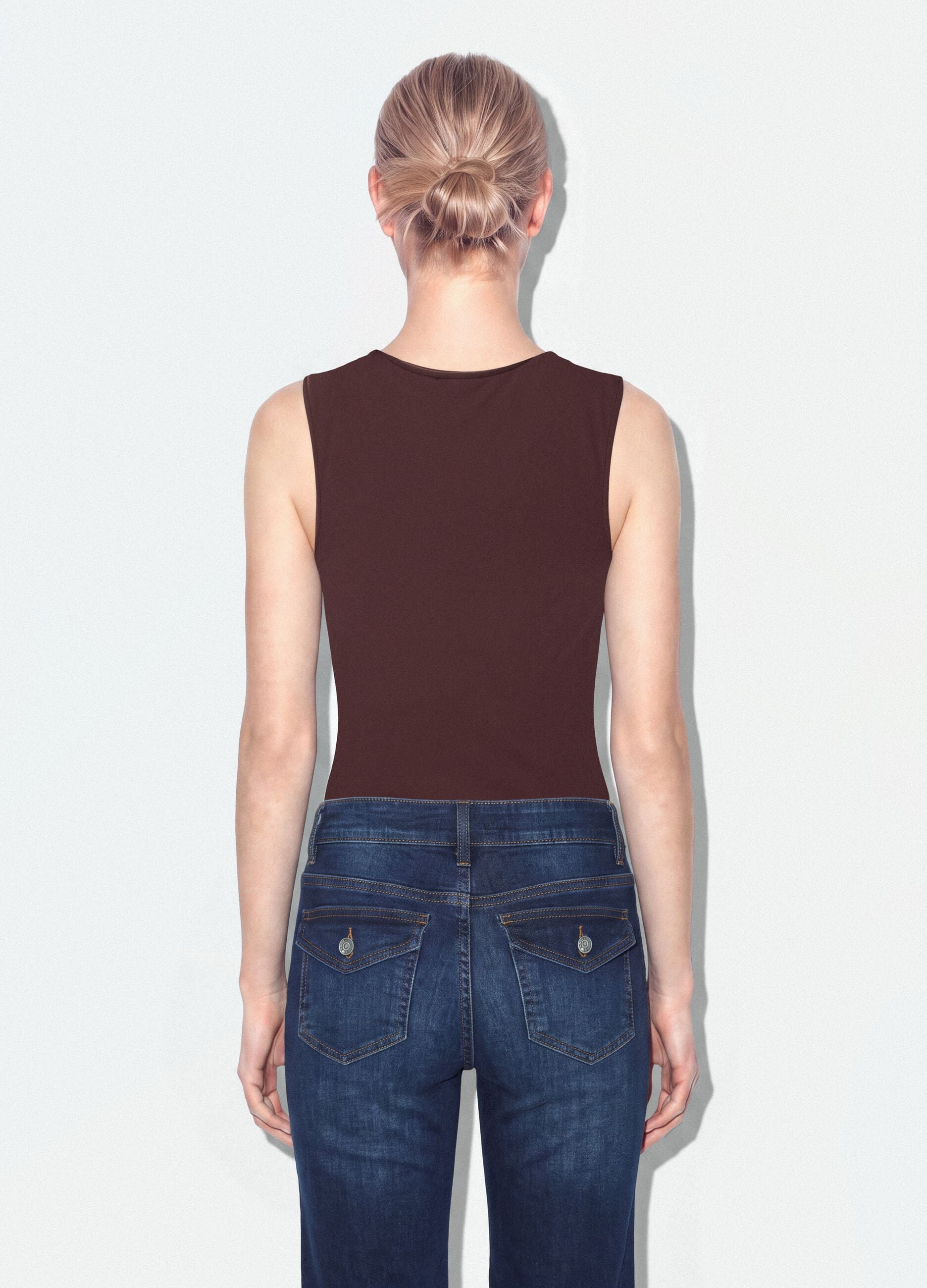 Brown stretch bodysuit with ruching, regular fit