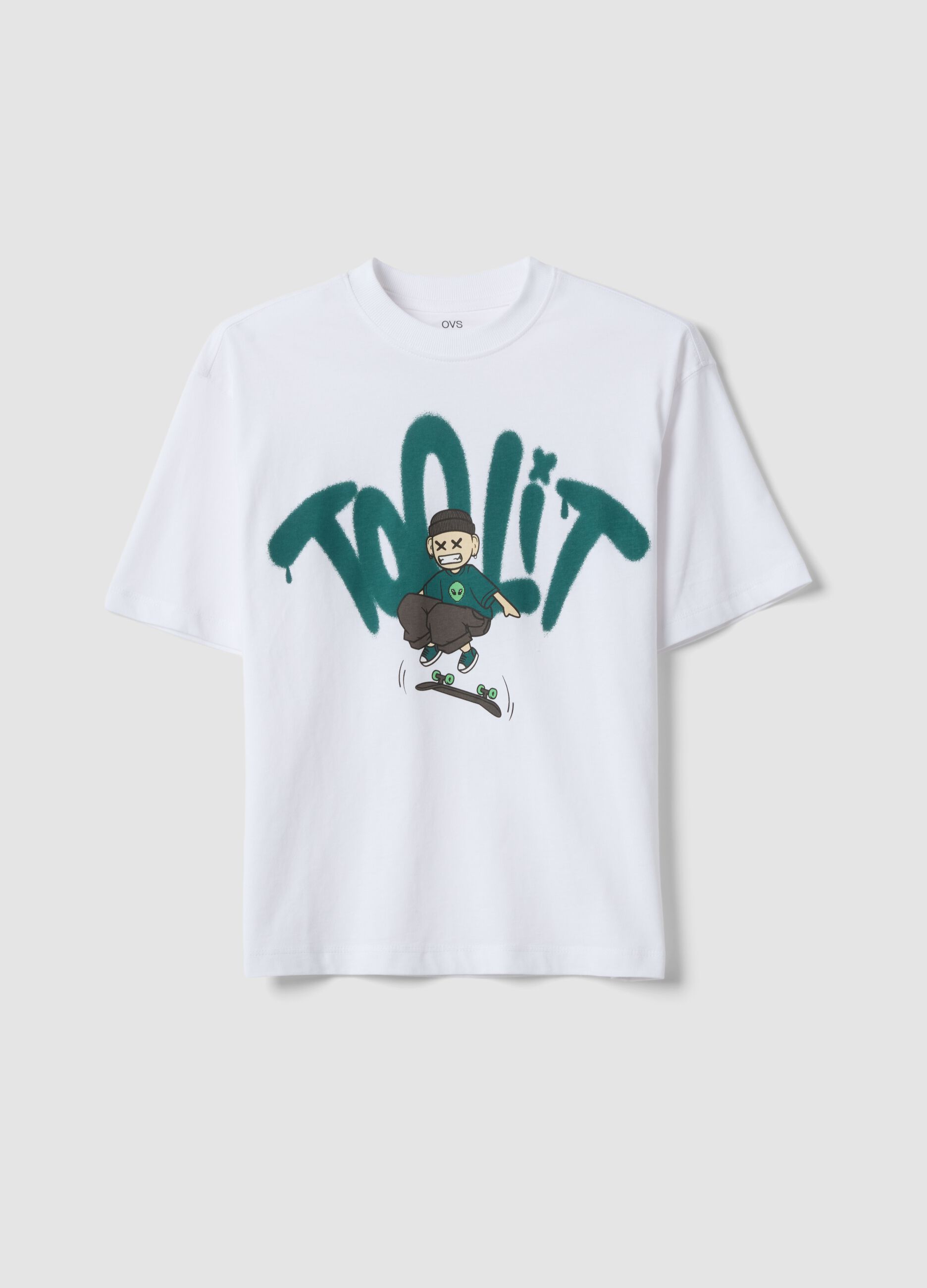 White pure cotton boys&rsquo; oversized T-shirt with print