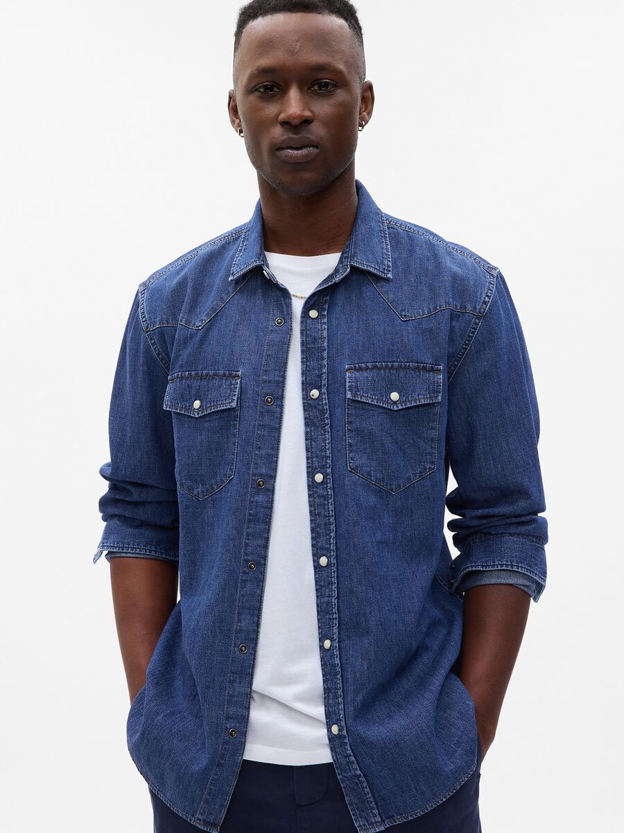 Camicia western in denim con bottoni perlati_0