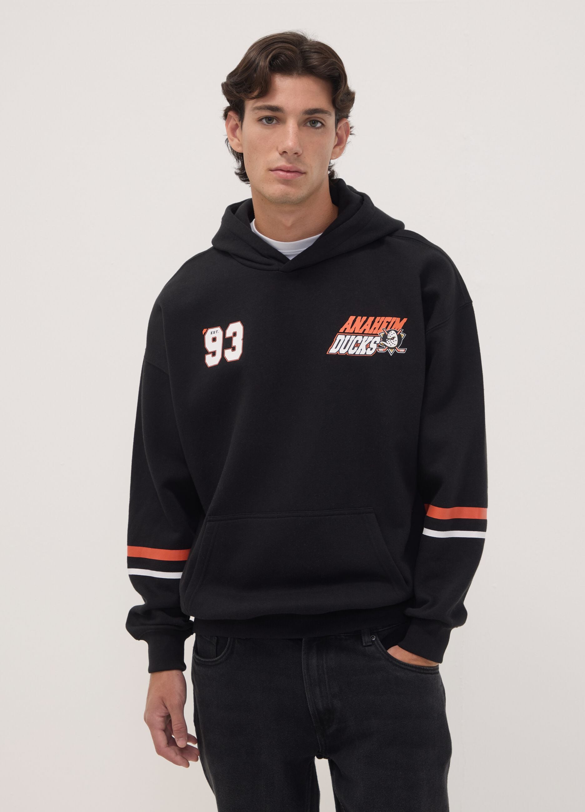 Black cotton-blend hoodie with Anaheim Ducks print