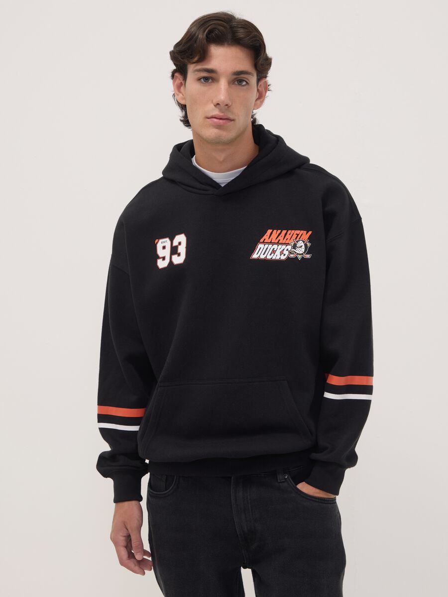 Black cotton-blend hoodie with Anaheim Ducks print_0