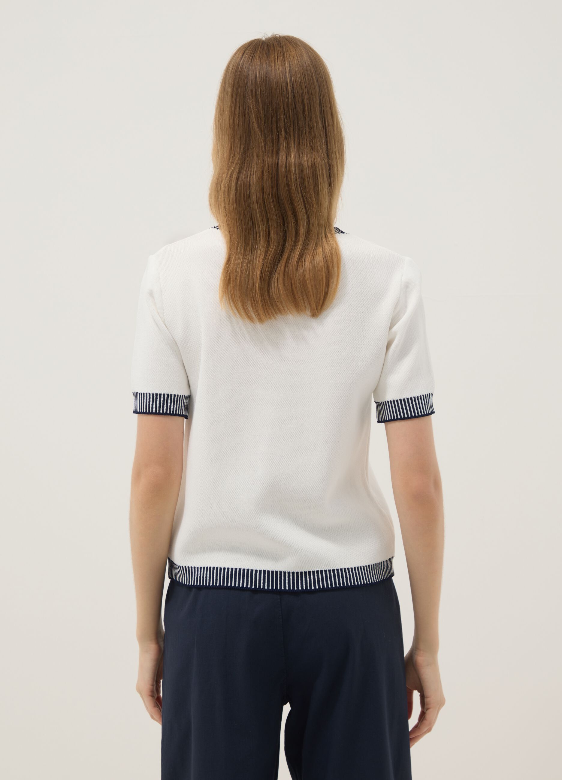 White viscose-blend T-shirt with contrast trims