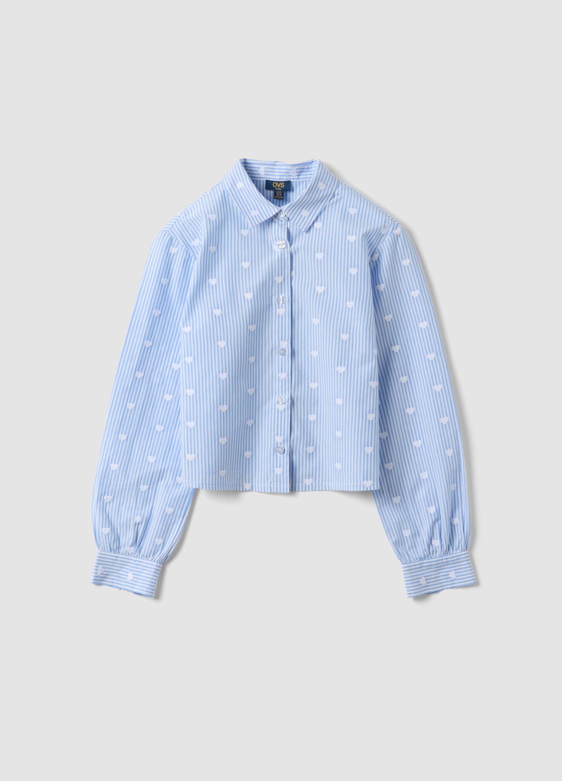 Blue striped pure cotton shirt with hearts for girls