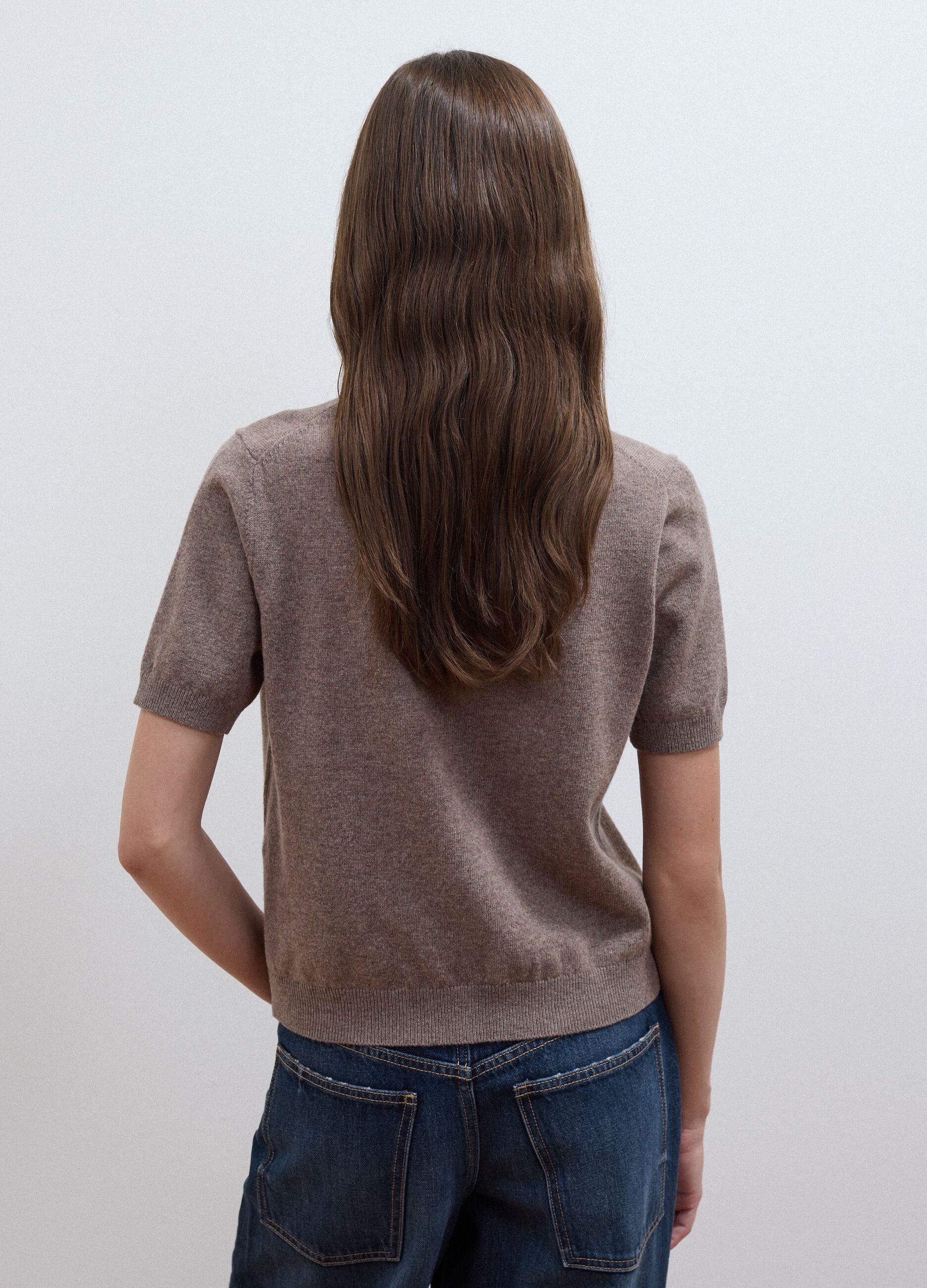 Grey pure wool crew-neck cardigan, regular fit