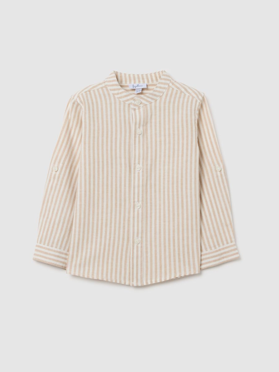 Multicolour regular fit cotton and linen blend child's shirt with mandarin collar_0