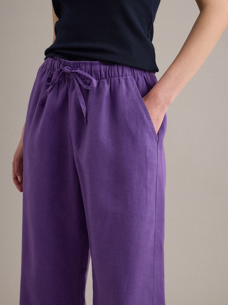 Purple pure linen straight-fit drawstring trousers_3