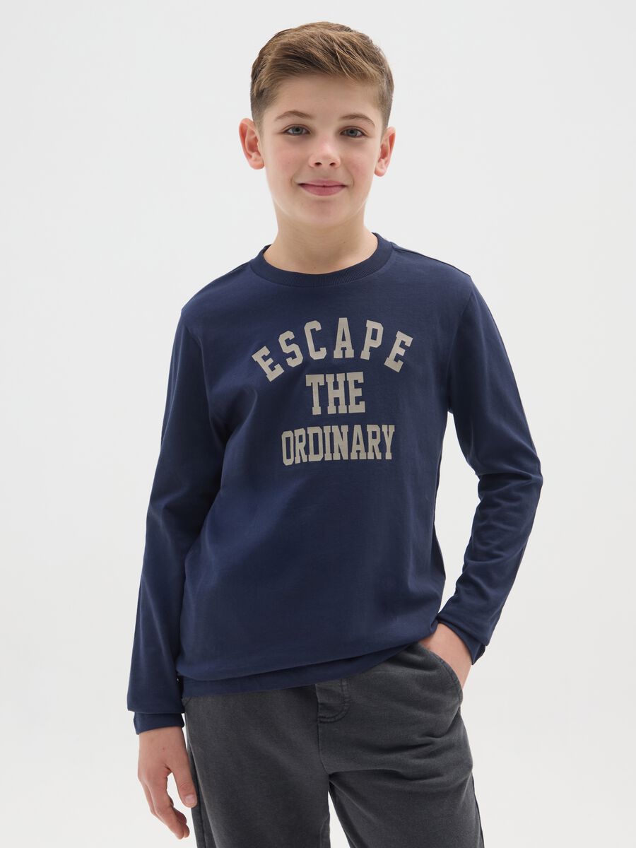 T-shirt a maniche lunghe da ragazzo in puro cotone blu_0