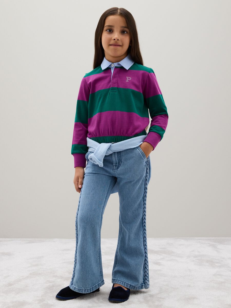 Jeans da ragazza in puro cotone azzurro flare con trecce_1