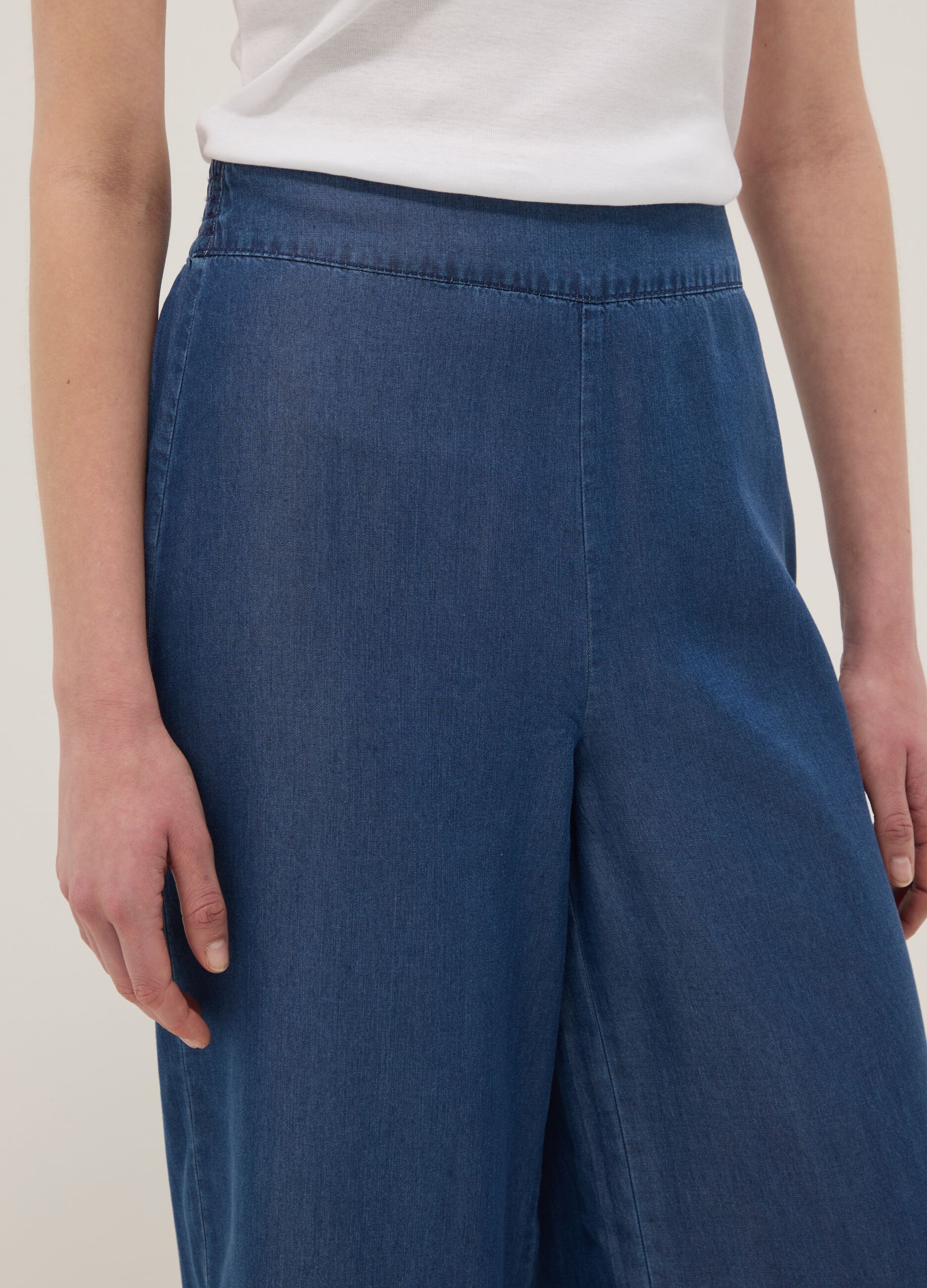 Dark blue pure lyocell palazzo trousers with elasticated waist and wide leg