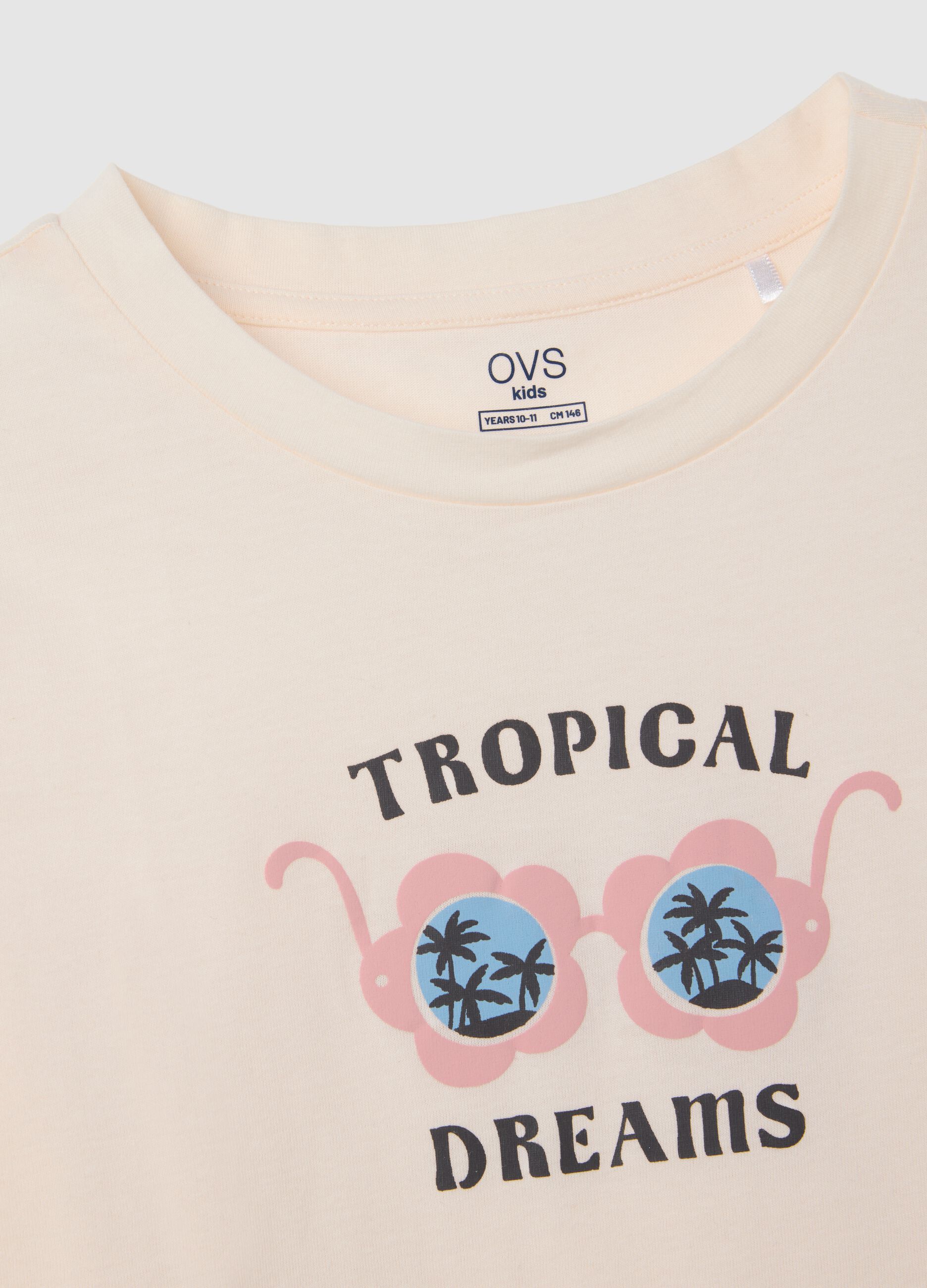 Girls' beige cotton set with tropical print