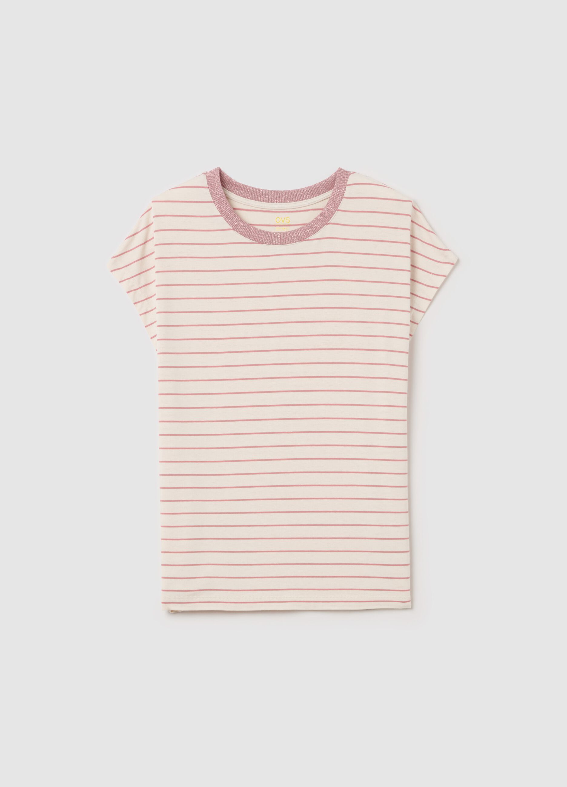 Pink and beige striped T-shirt with short sleeves
