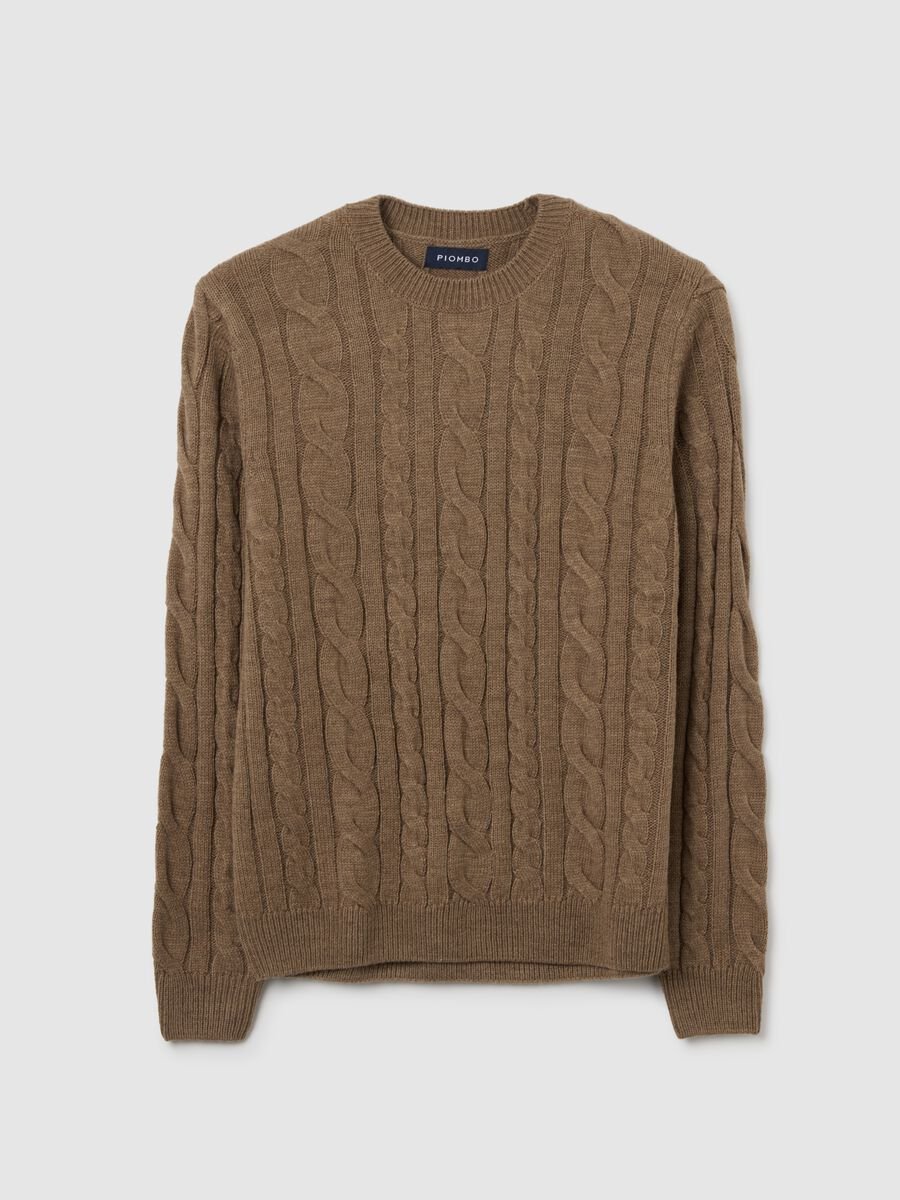 Brown regular fit crew neck jumper with cable knit_4