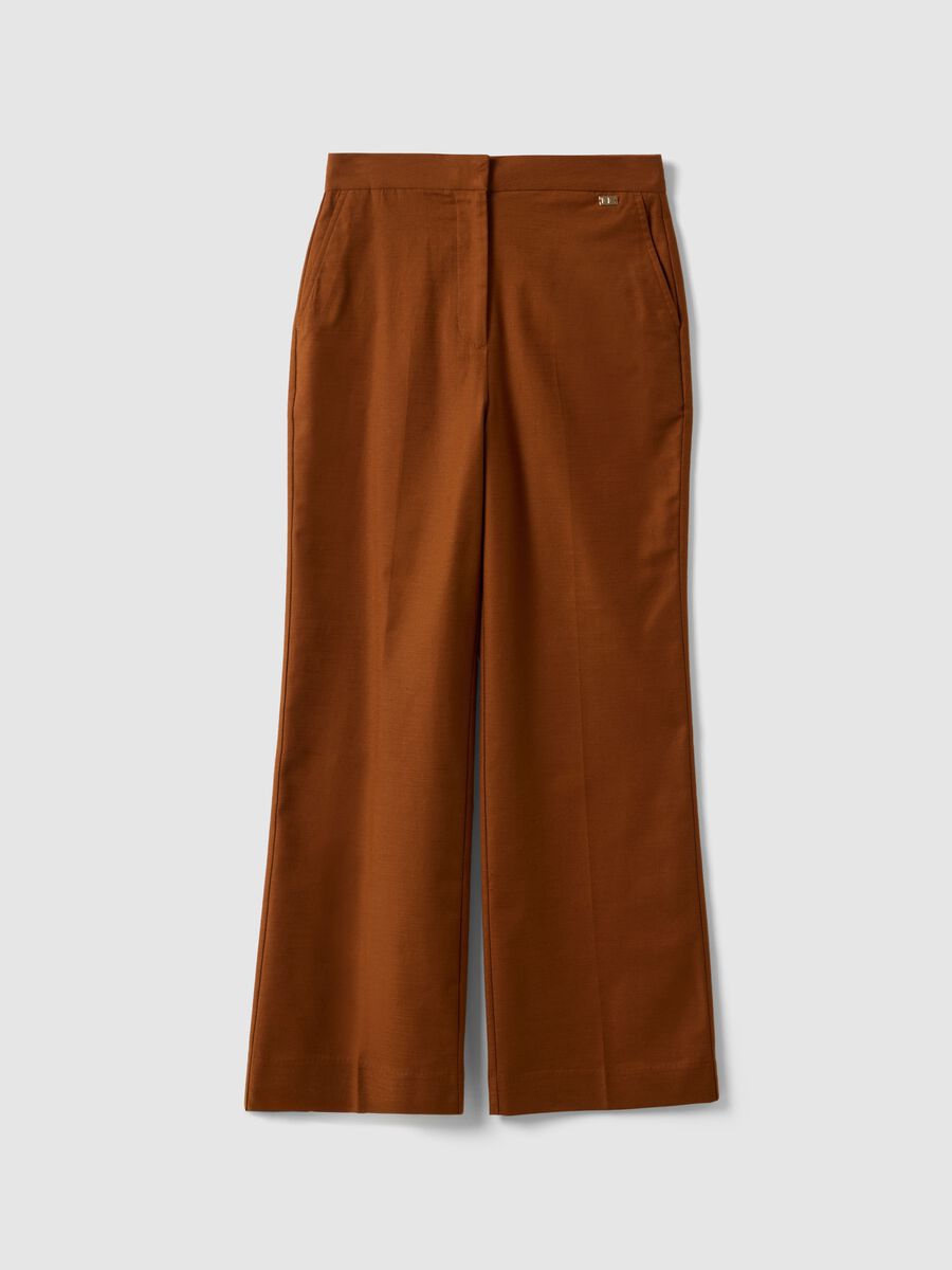 Brown wide leg trousers in stretch cotton and linen blend_4