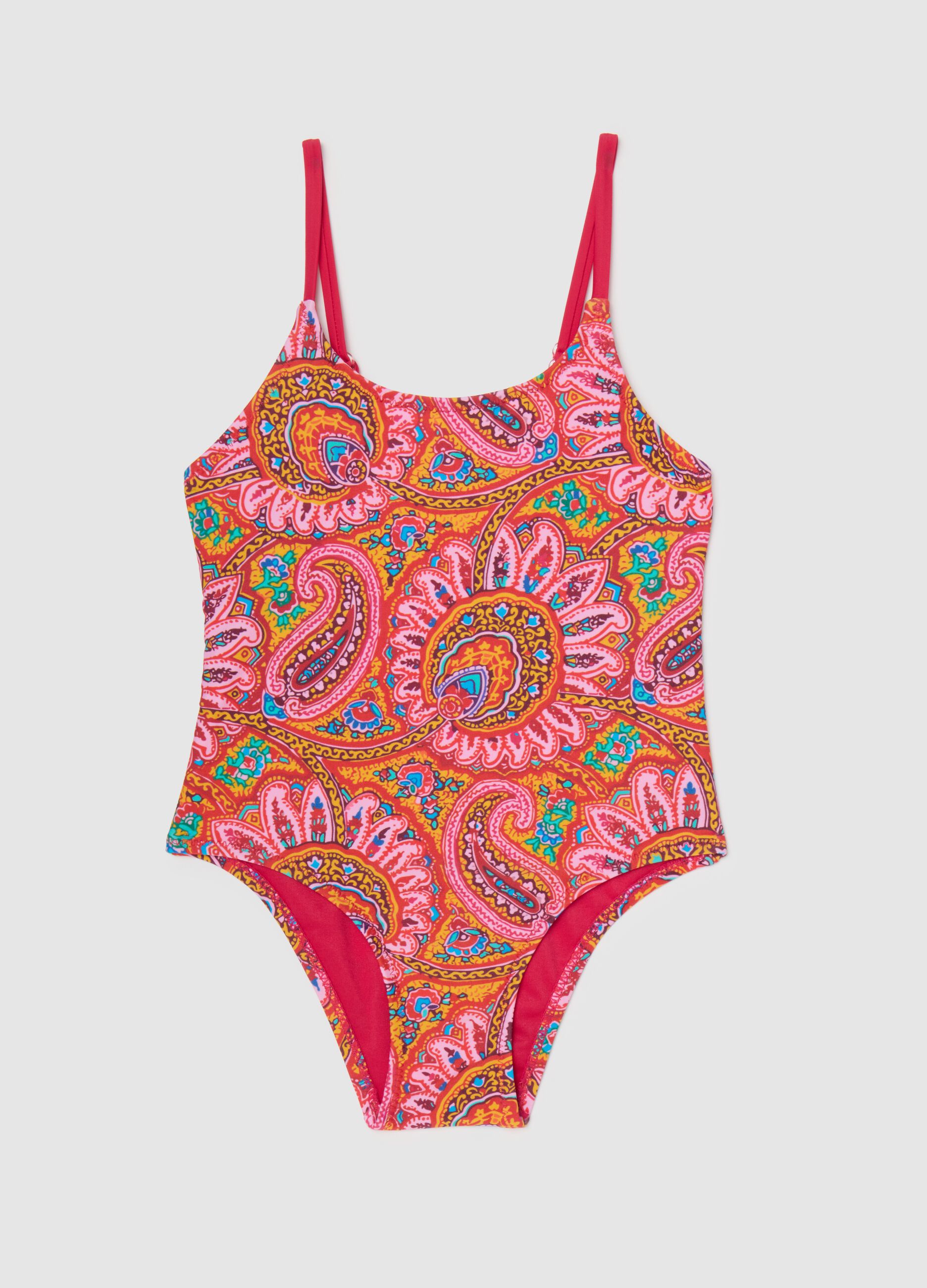 Girls' one-piece swimsuit in multicolored stretch fabric with adjustable straps