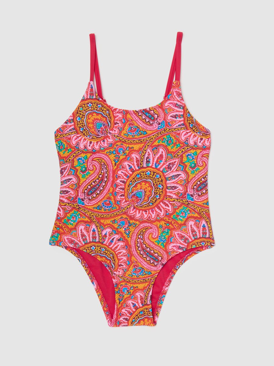 Girls' one-piece swimsuit in multicolored stretch fabric with adjustable straps_0