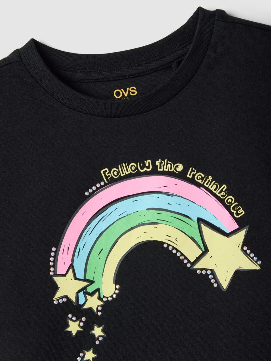 Girls' black regular fit pure cotton t-shirt with rainbow_2