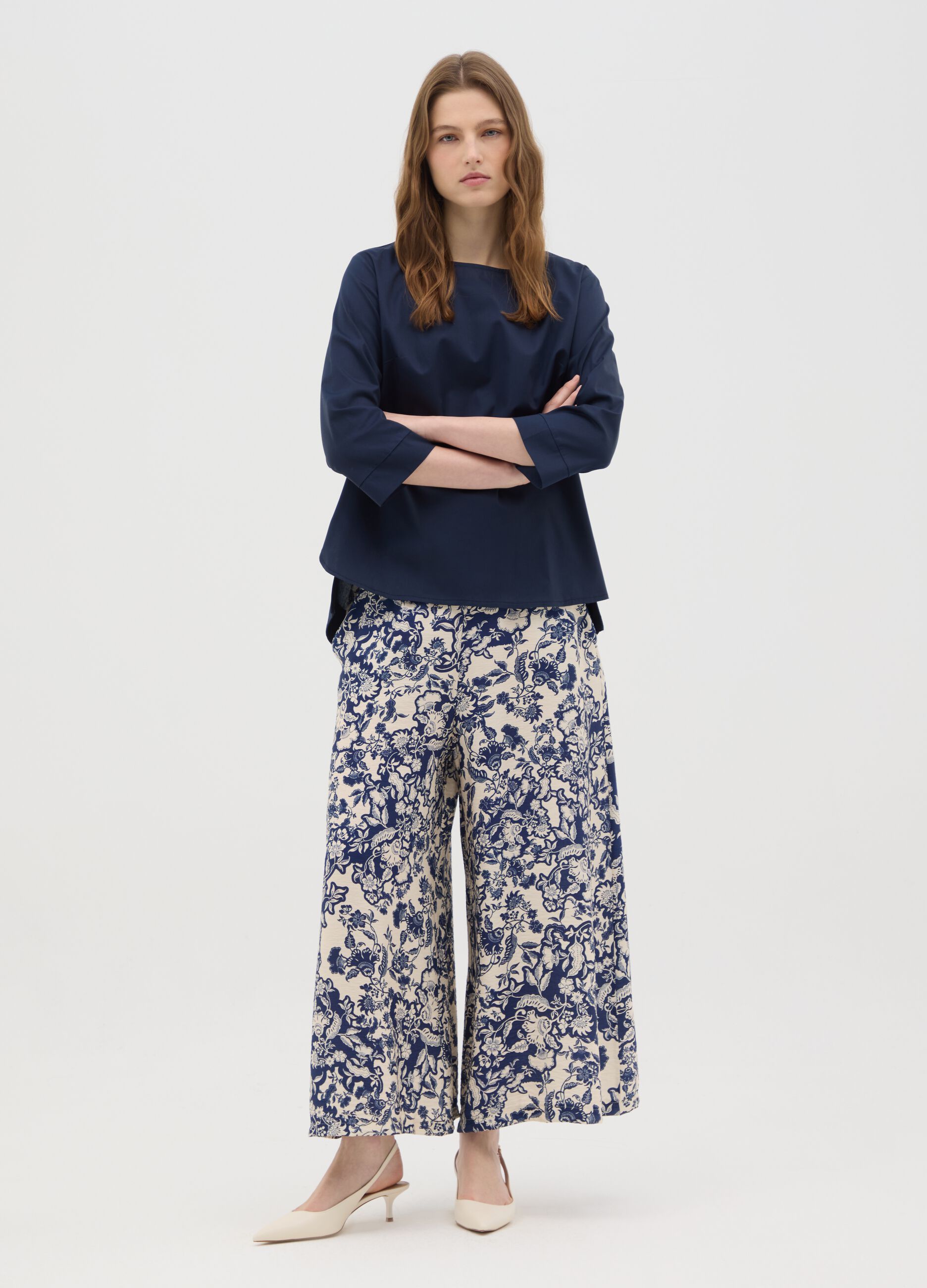 Women's blue cotton regular fit top with round neckline