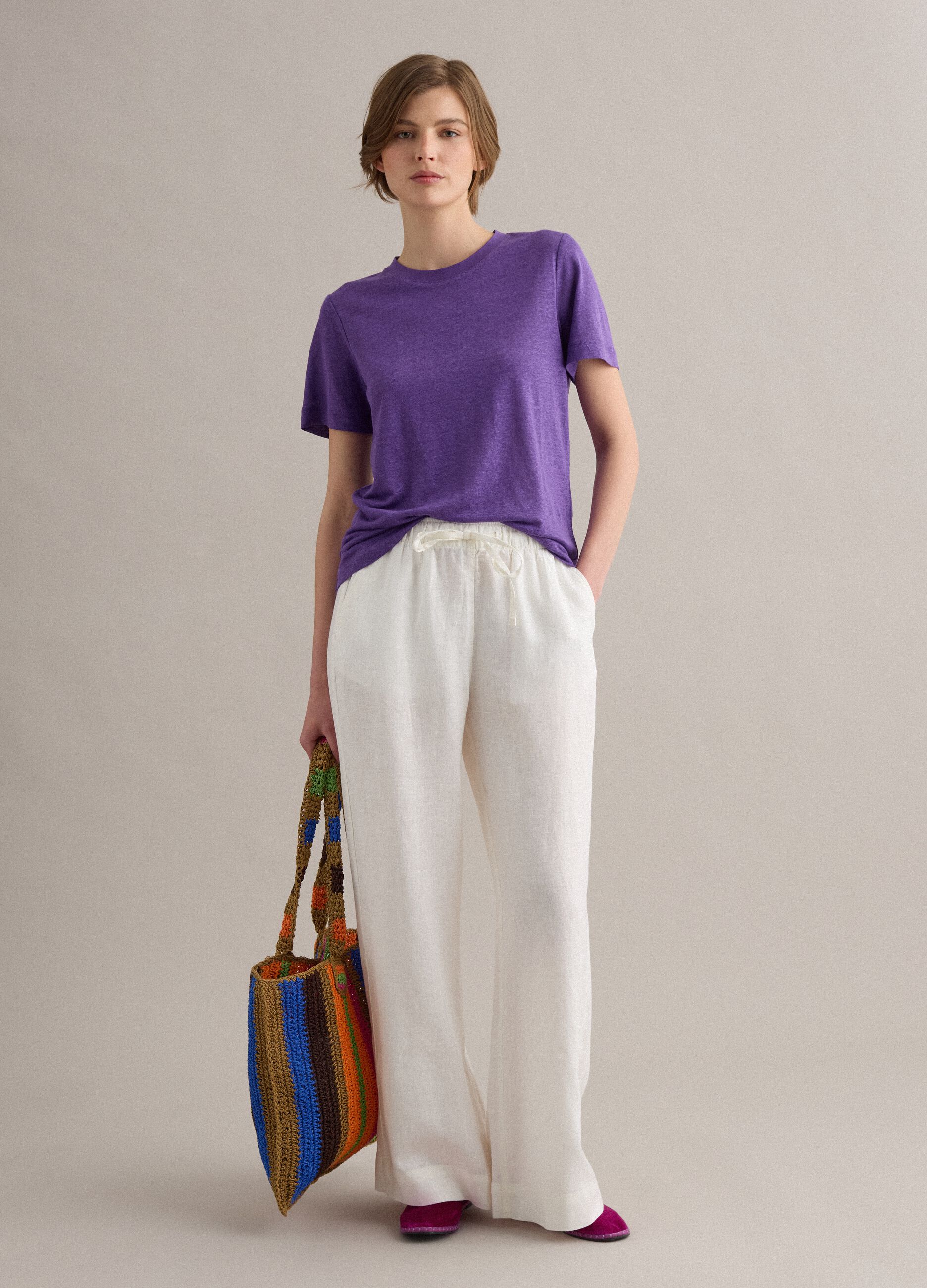 Purple pure linen regular-fit short-sleeve T-shirt