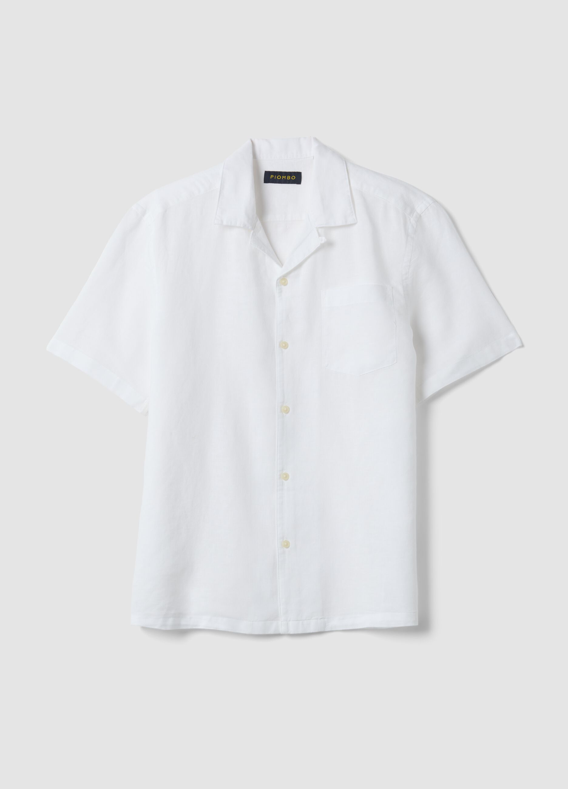 White linen-cotton blend shirt with bowling collar, regular fit