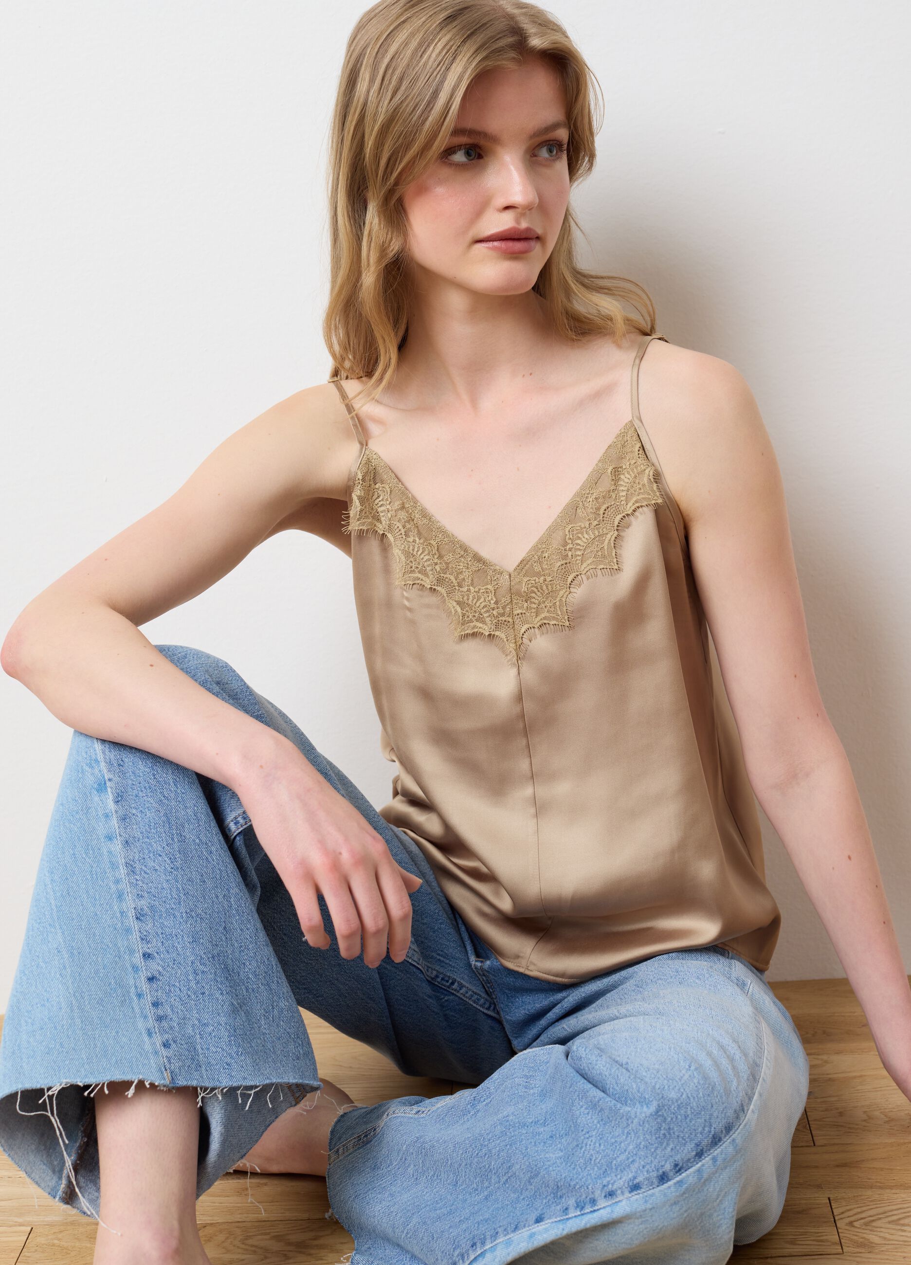 Slim fit beige mix women's top with lace