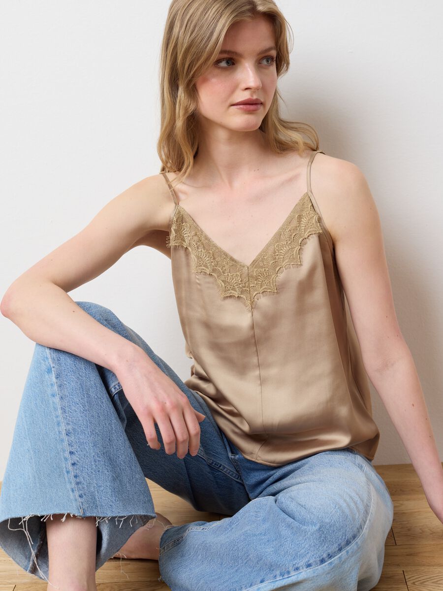 Slim fit beige mix women's top with lace_2