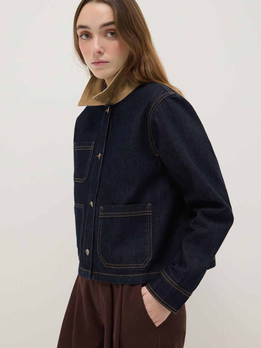 Pure cotton blue regular fit jacket with contrasting collar and pockets_3