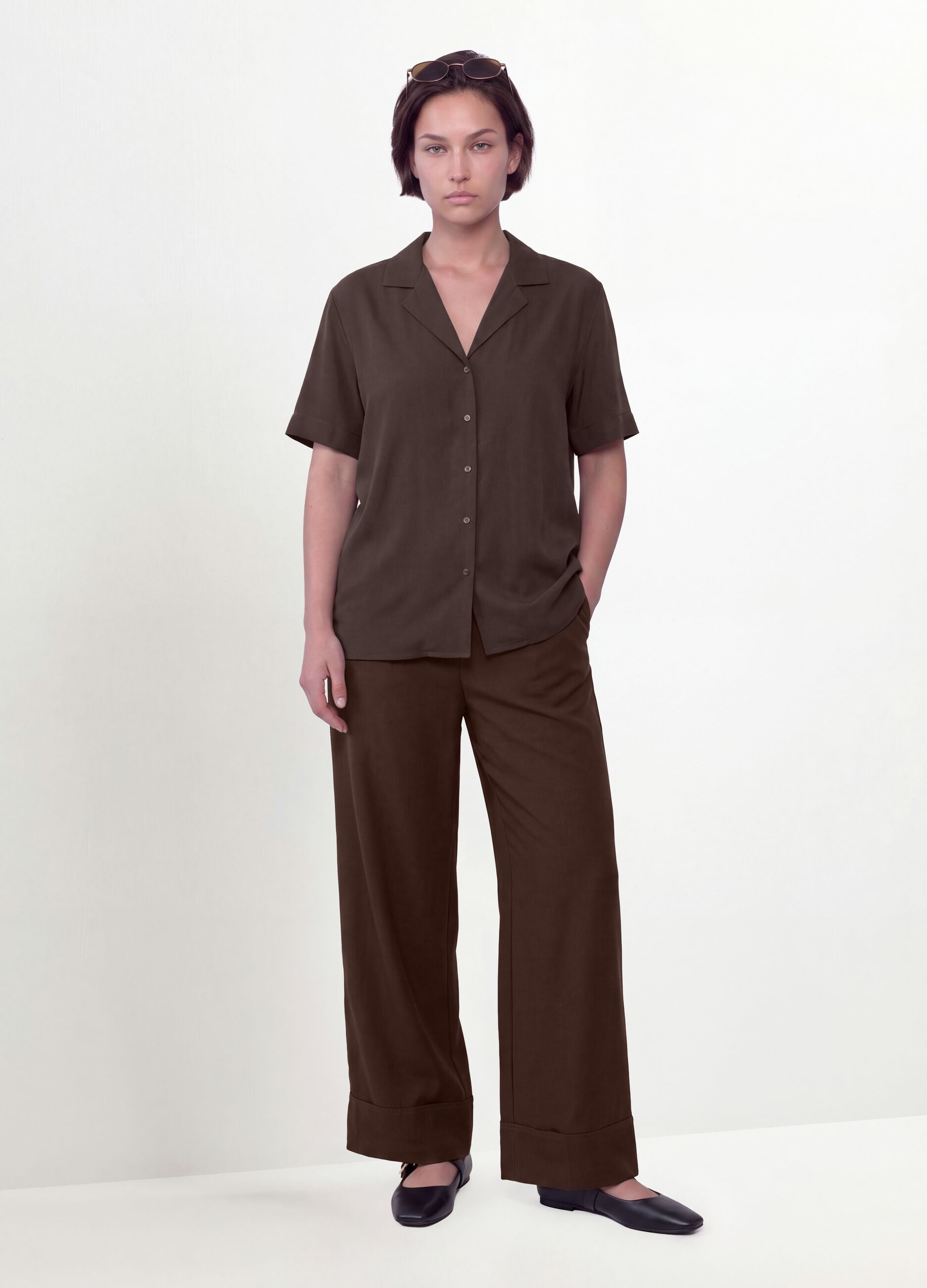 Brown oversized short-sleeve viscose-blend shirt