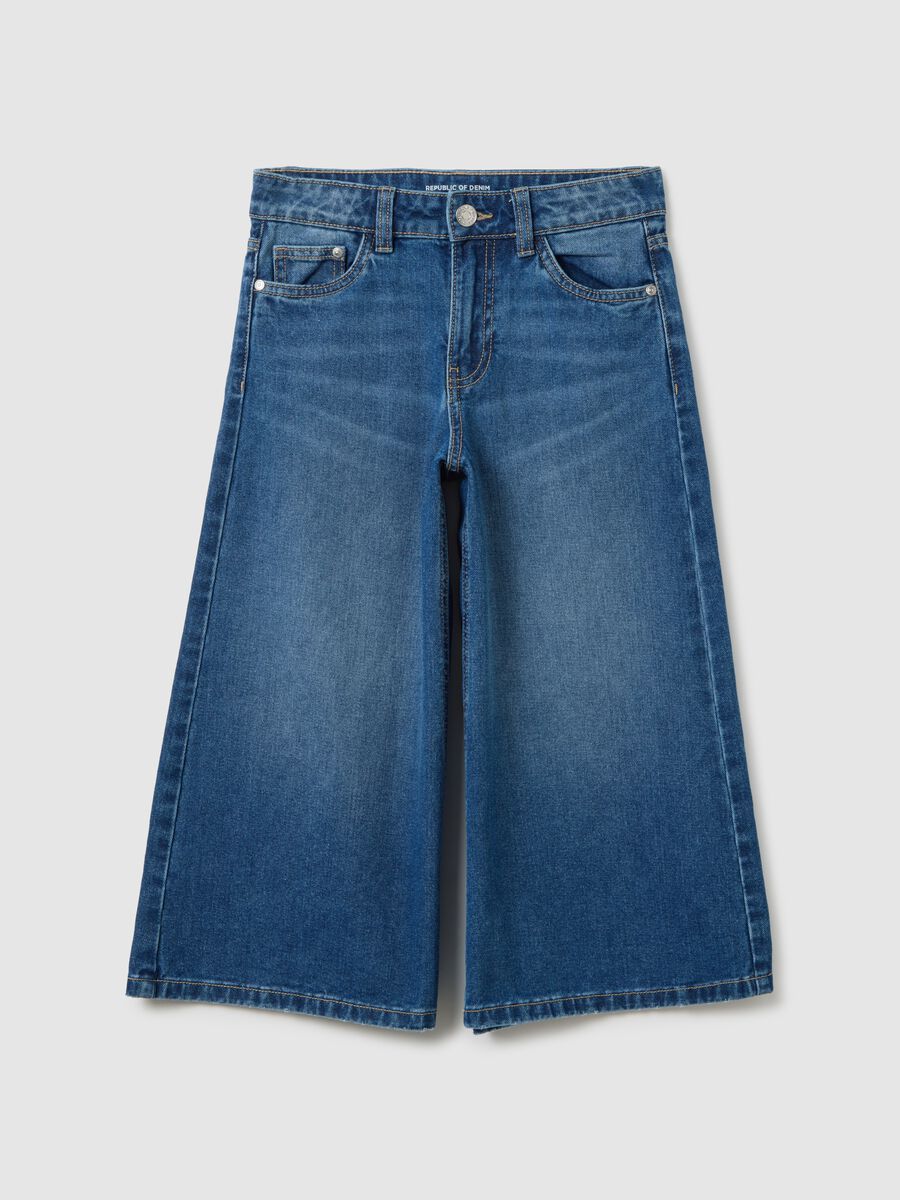 Girls' culotte jeans in pure blue denim cotton wide leg with five pockets_0