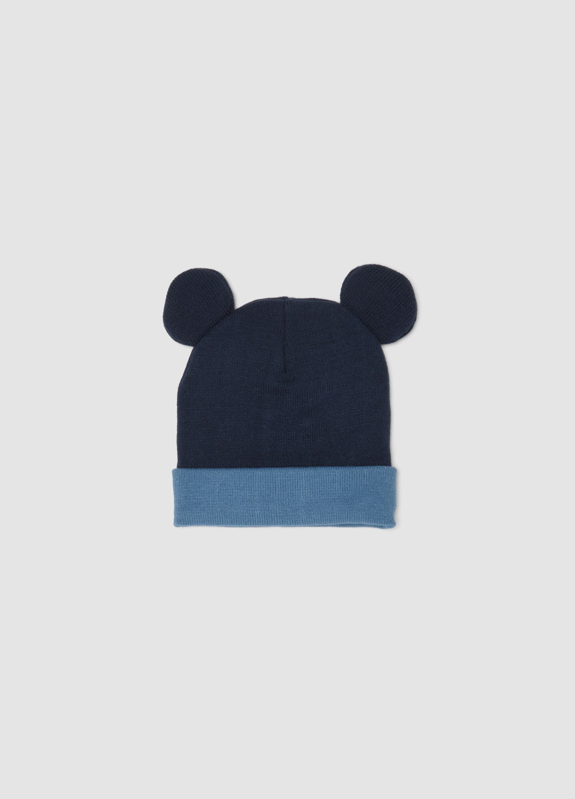 Navy blue beanie with turn-up, appliqu&eacute; ears and Mickey print