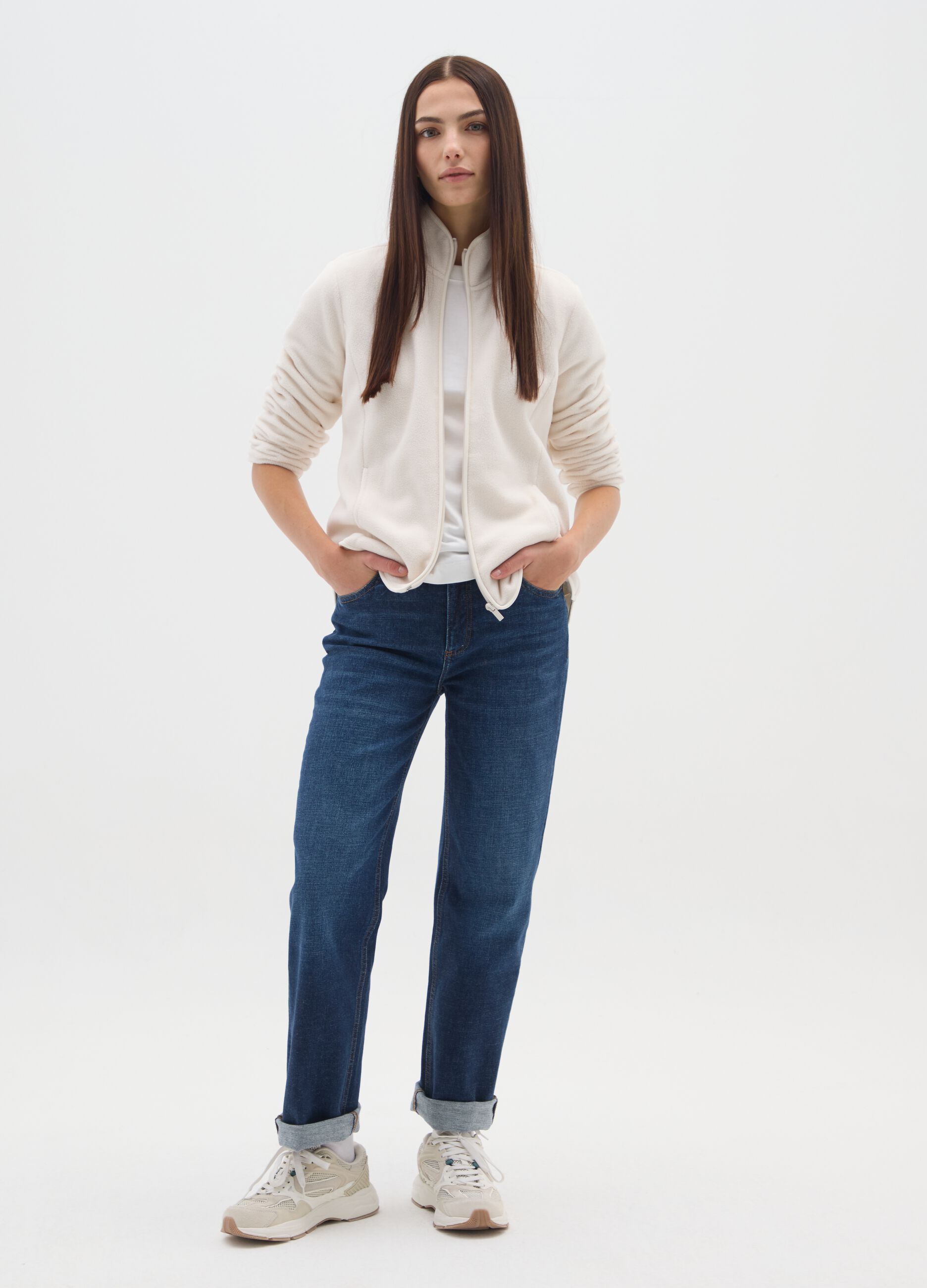 White fitted high-neck fleece sweatshirt with zip