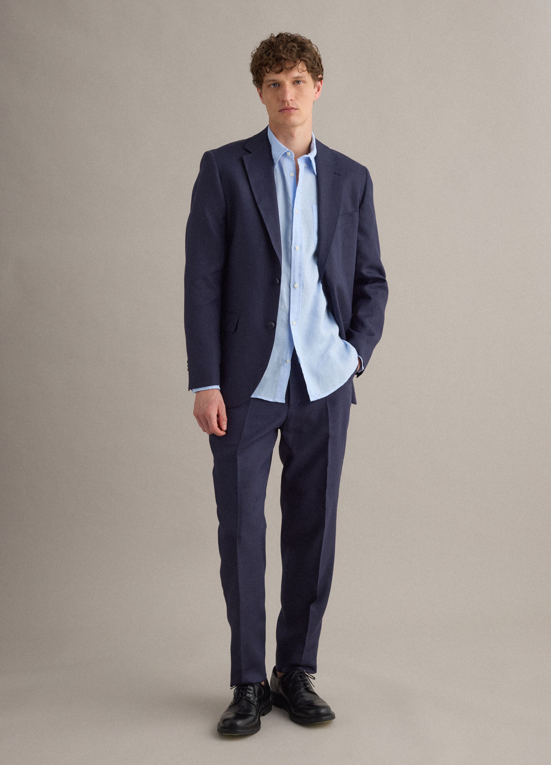 Slim fit blue pure linen trousers