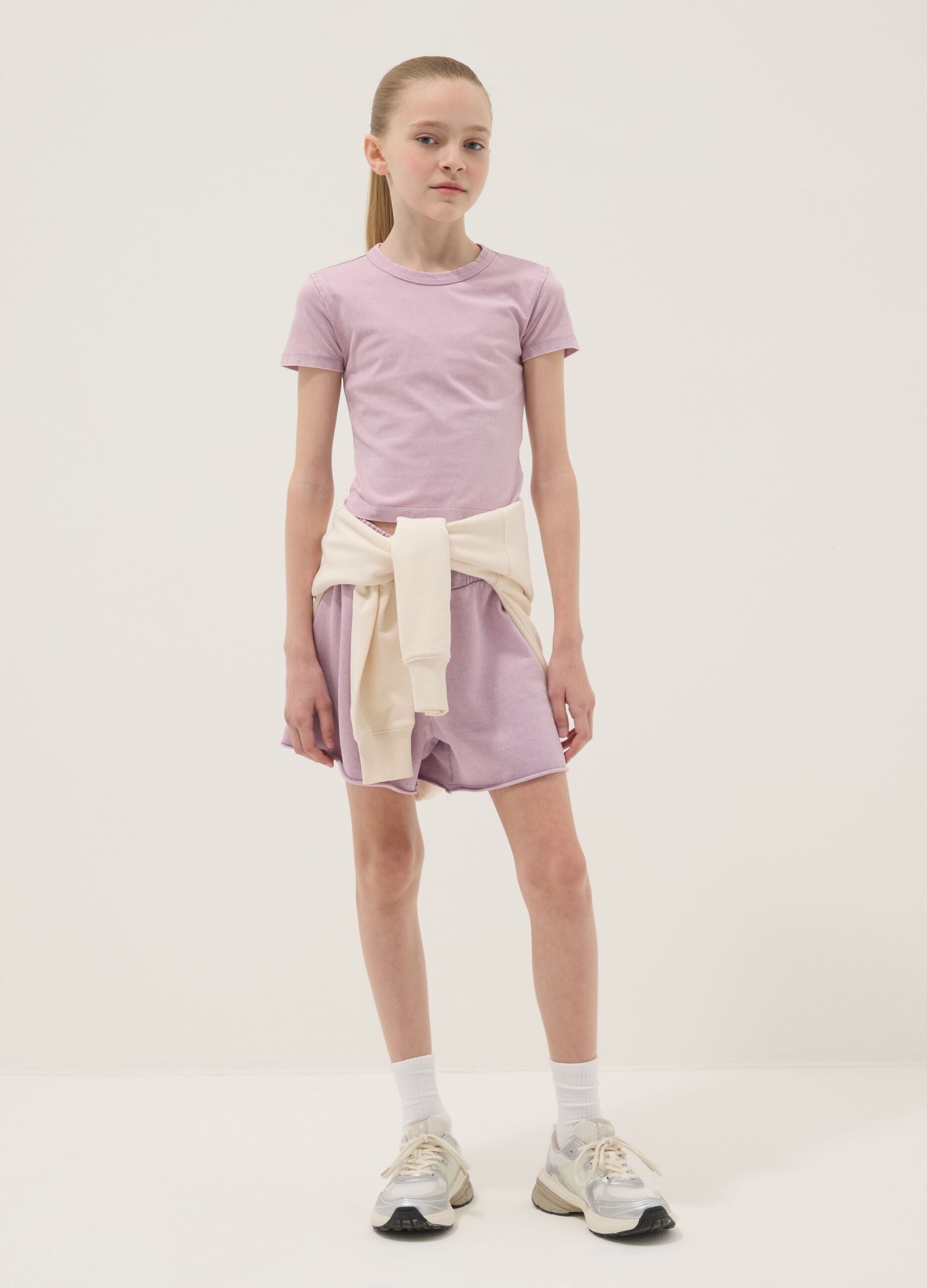 Pink stretch cotton set with T-shirt and shorts
