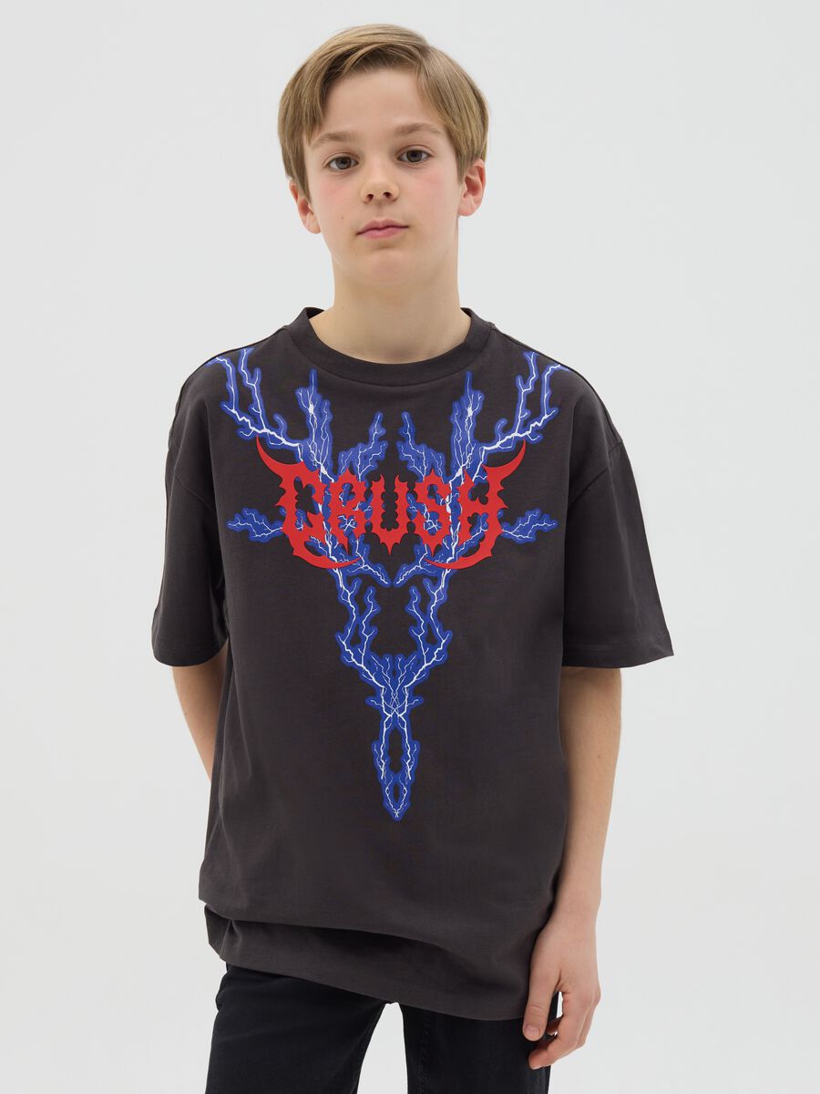 Cotton T-shirt with "Crush" lightning print_0
