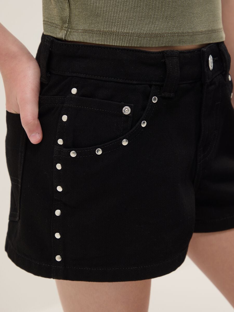 Shorts in puro cotone nero da ragazza con dettagli brillanti_3