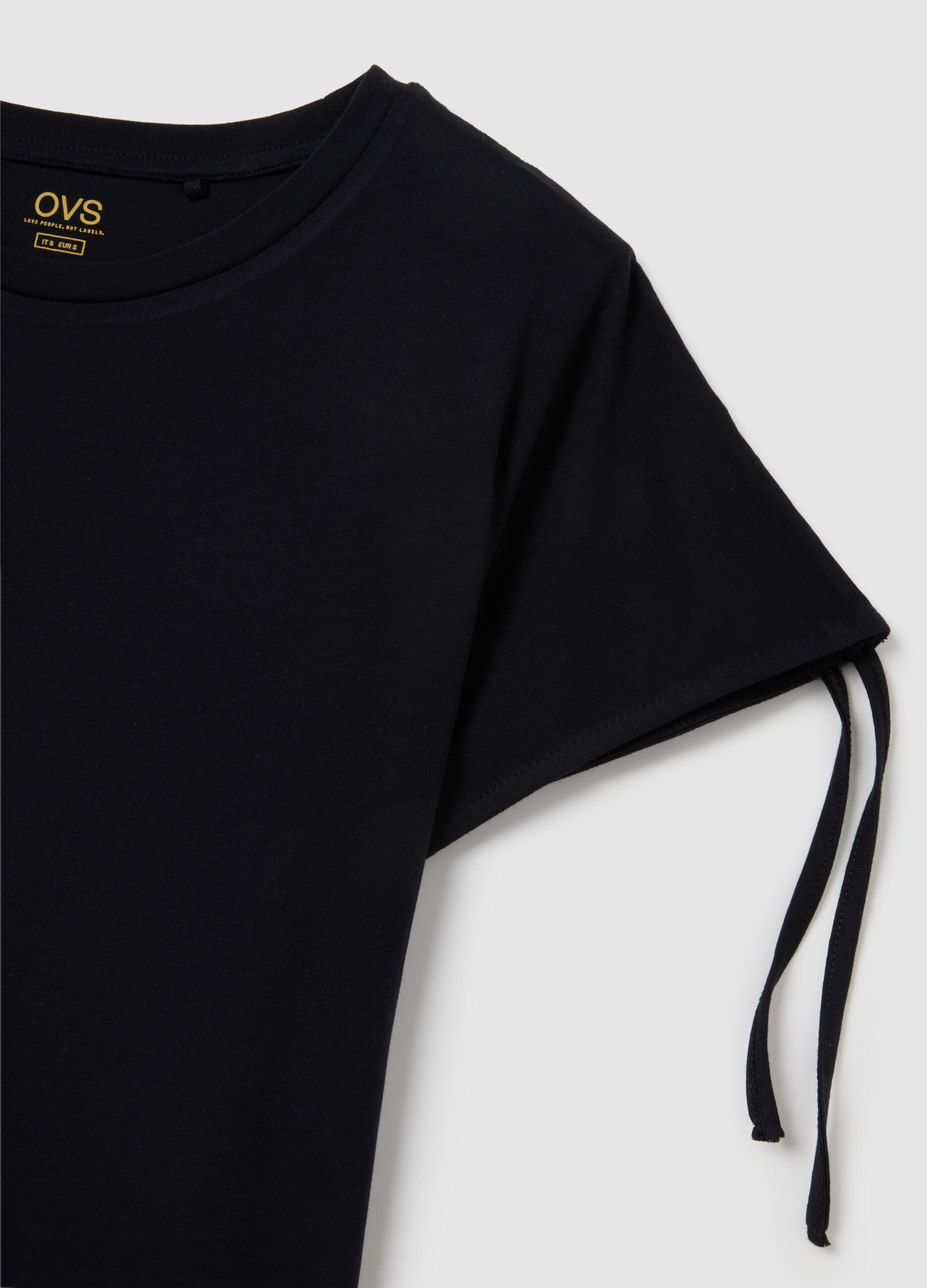 Women's black pure cotton regular fit T-shirt with drawstrings