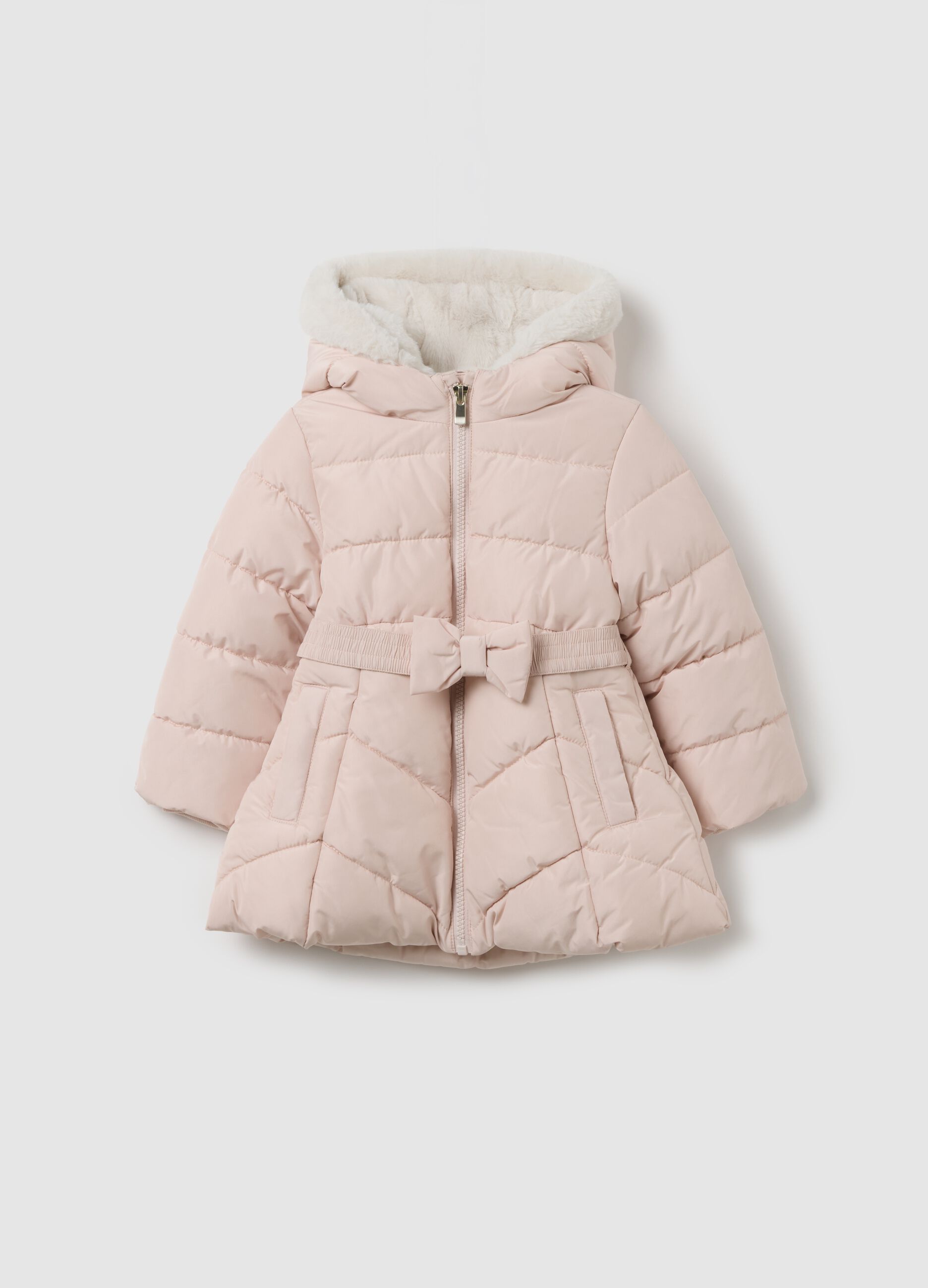 Girls' Regular Fit Pink Padded Jacket with Hood and Belt