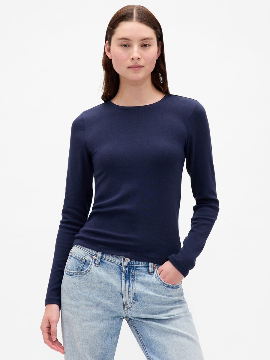 Maglia blu a maniche lunghe in cotone e modal elasticizzato_0