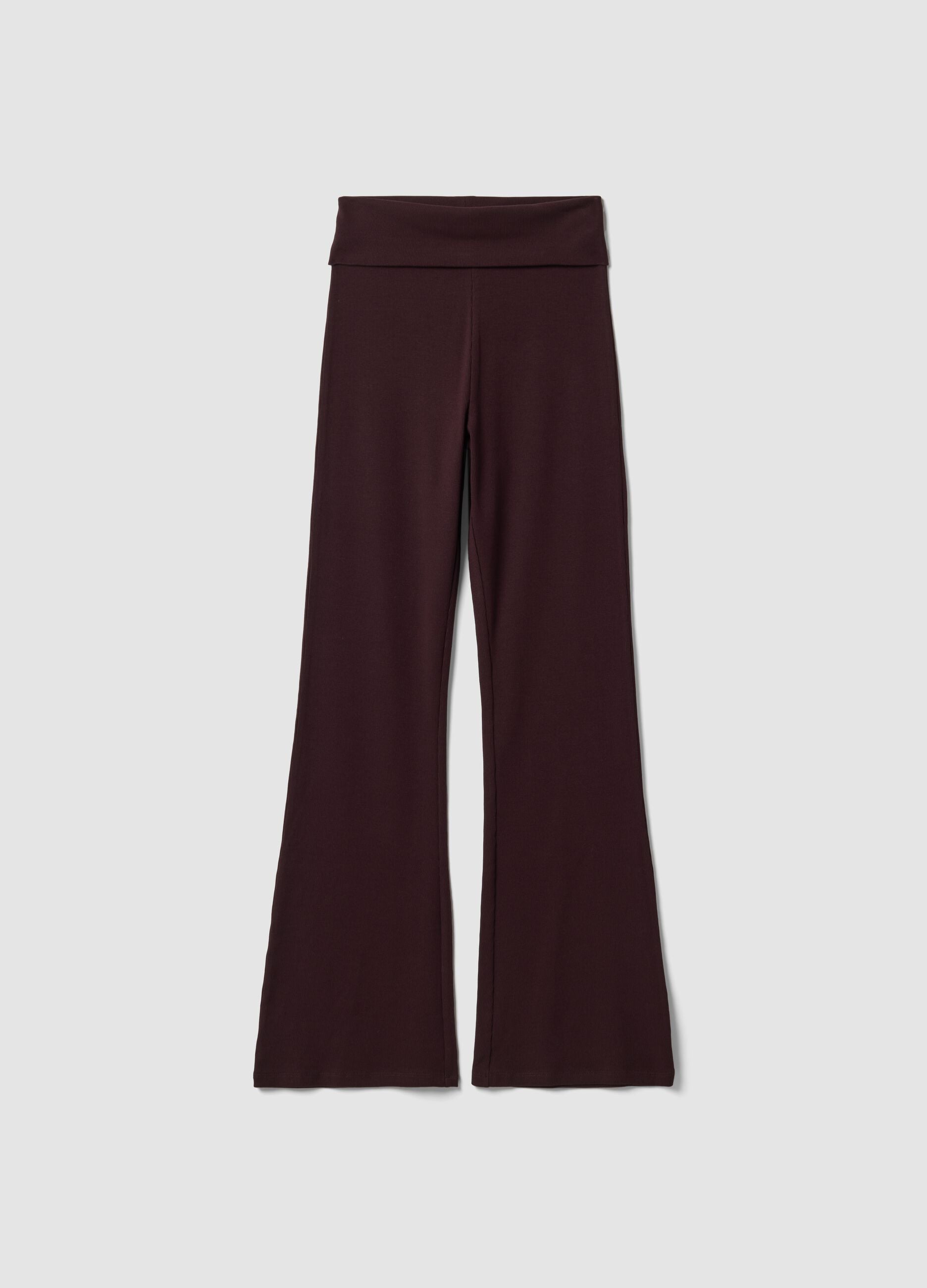 Leggings marroni flare fit in puro cotone a costine