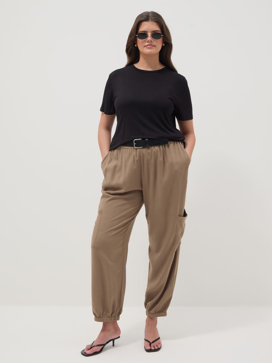 Black stretch viscose regular fit t-shirt with drawstring closure_2