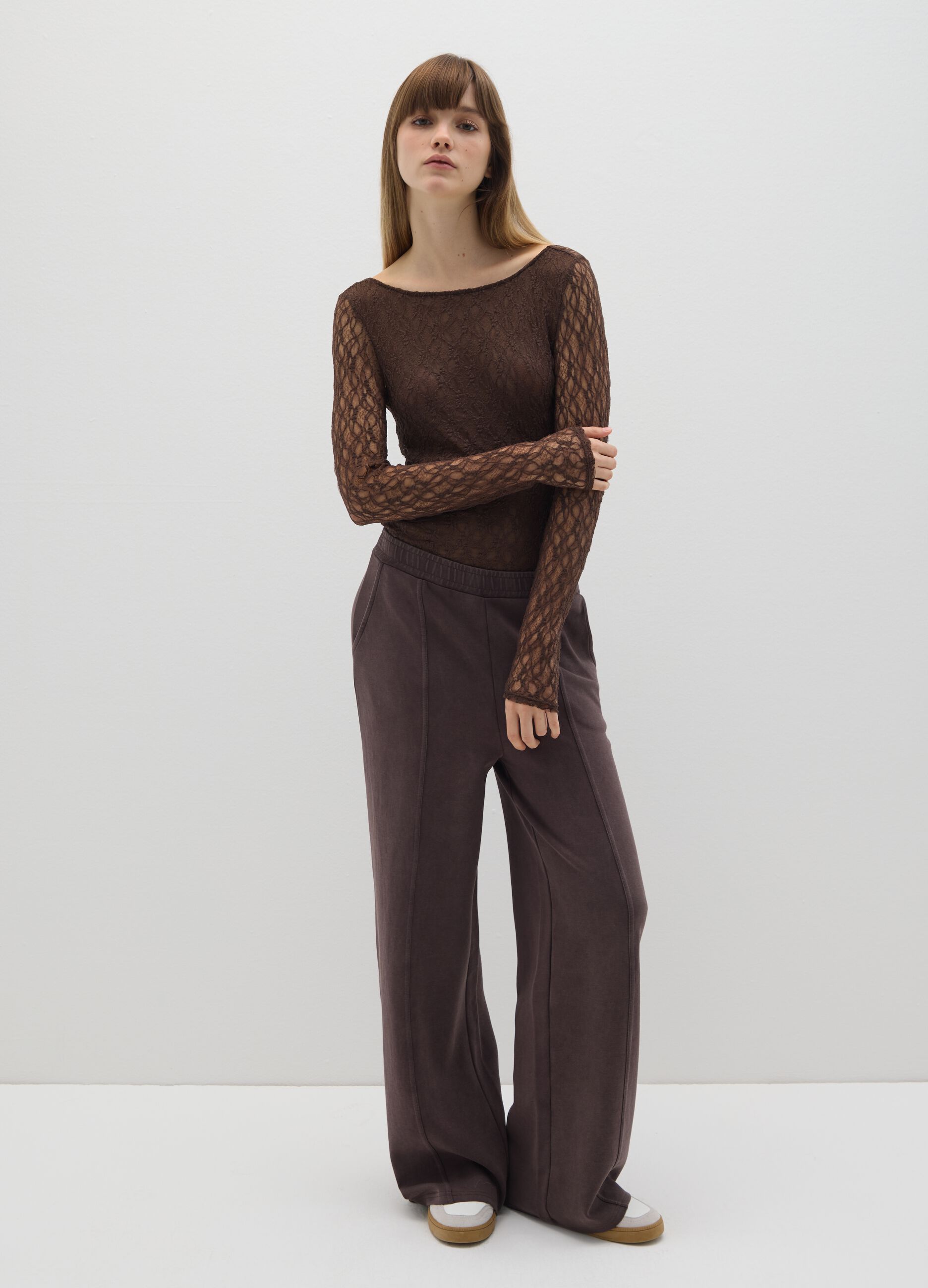 Brown stretch cotton trousers with oversized fit