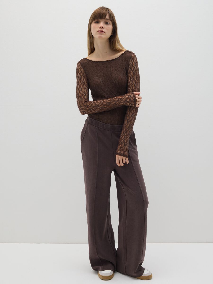 Brown stretch cotton trousers with oversized fit_0