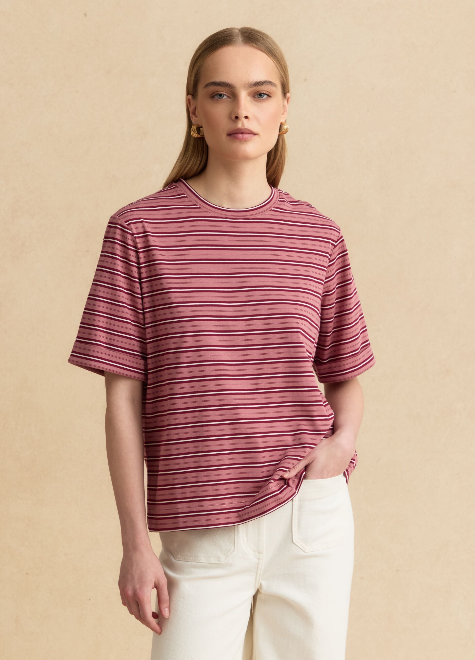 Pink striped cotton-blend T-shirt