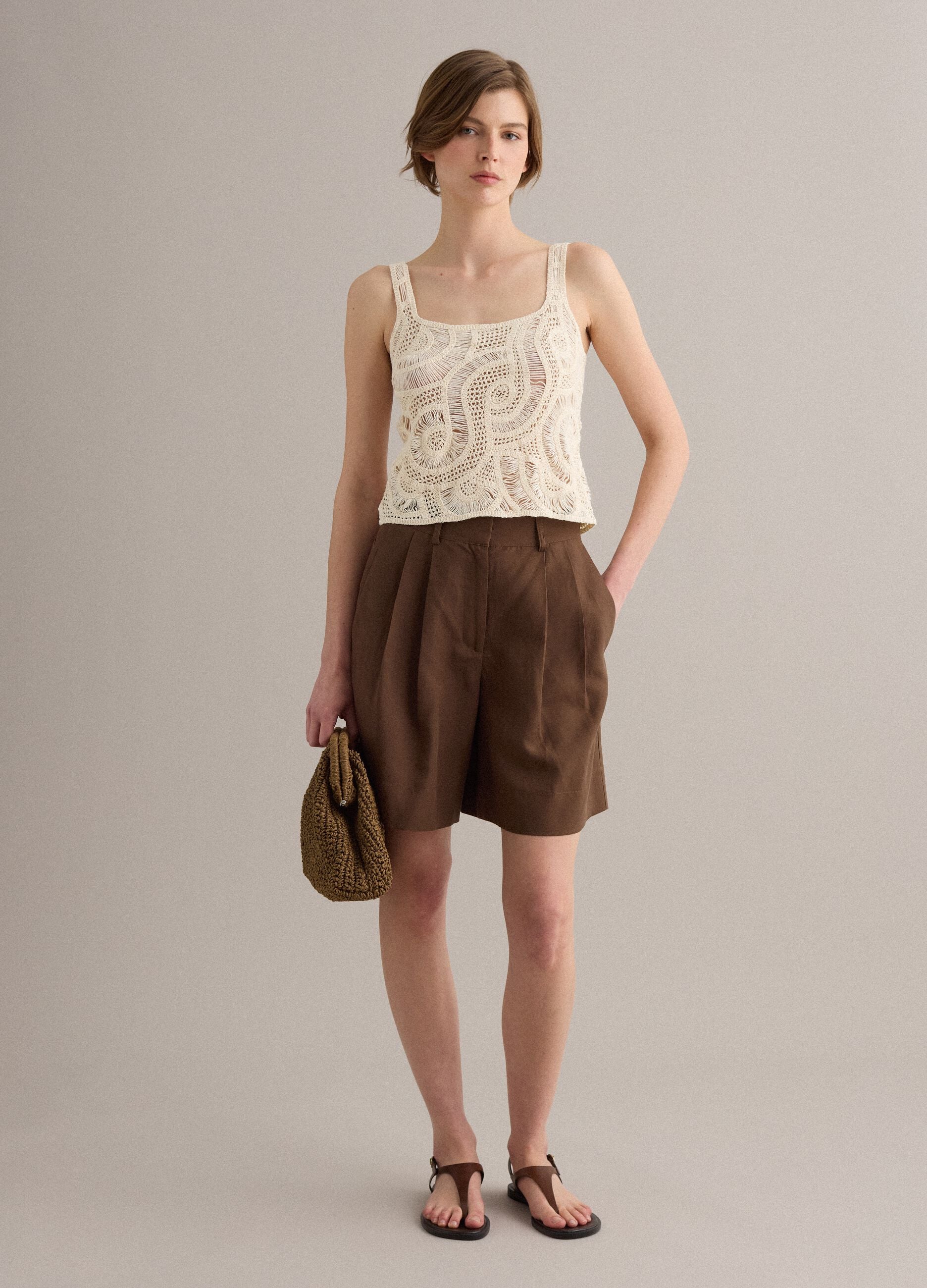Beige crochet cotton-blend tank top